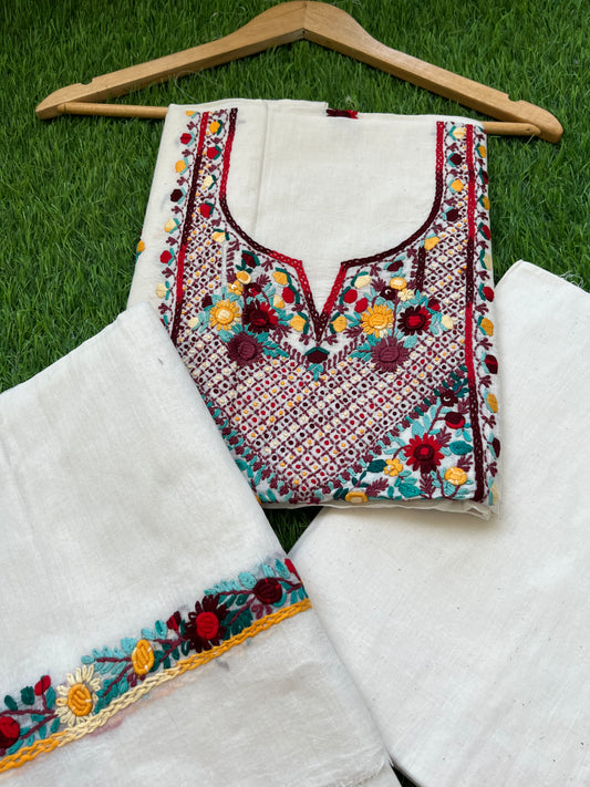 Handwoven Cotton knot work embroidered kurta dupatta and plain bottom fabric