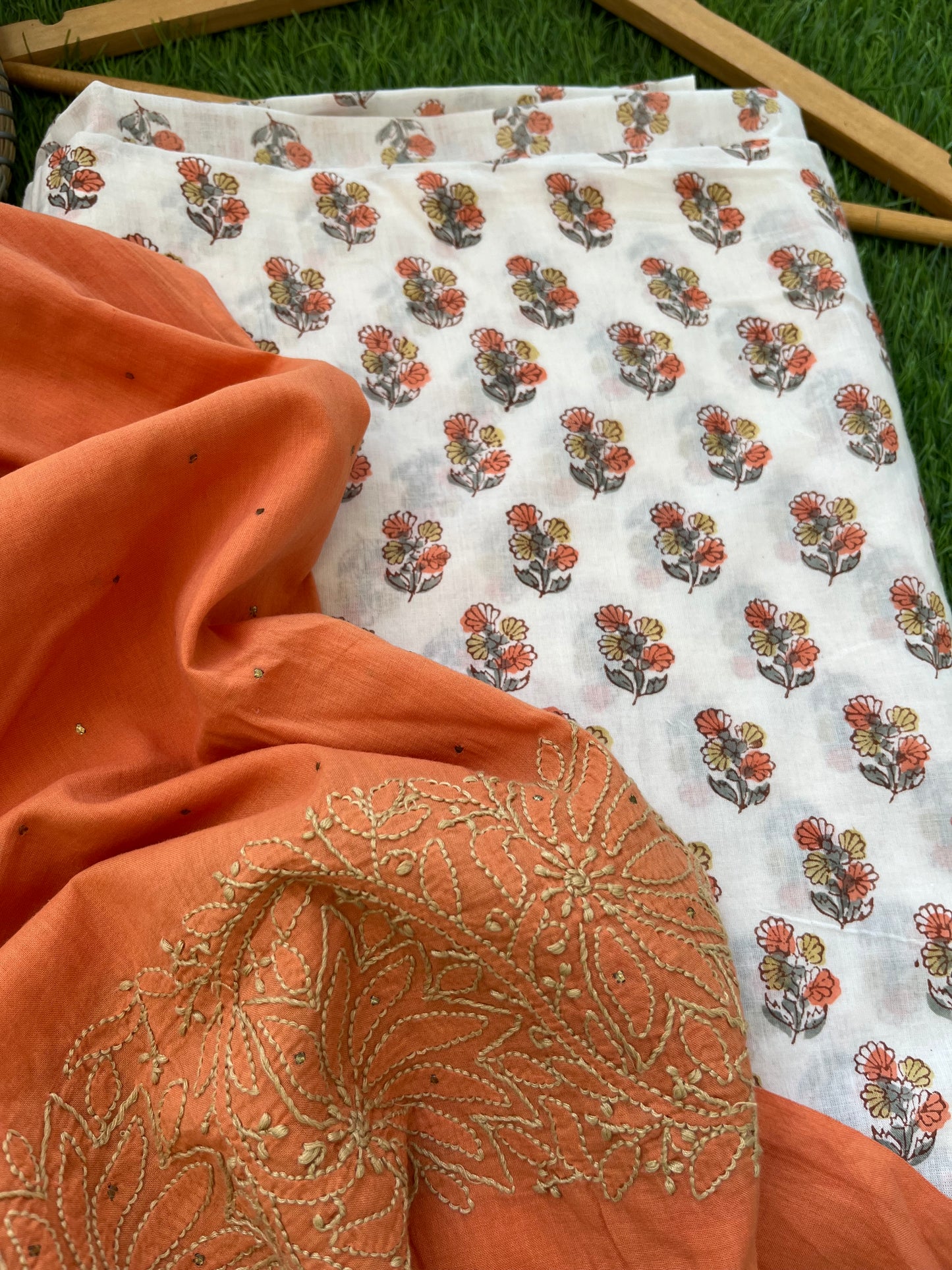 Cotton block print kurta bottom chikankari dupatta