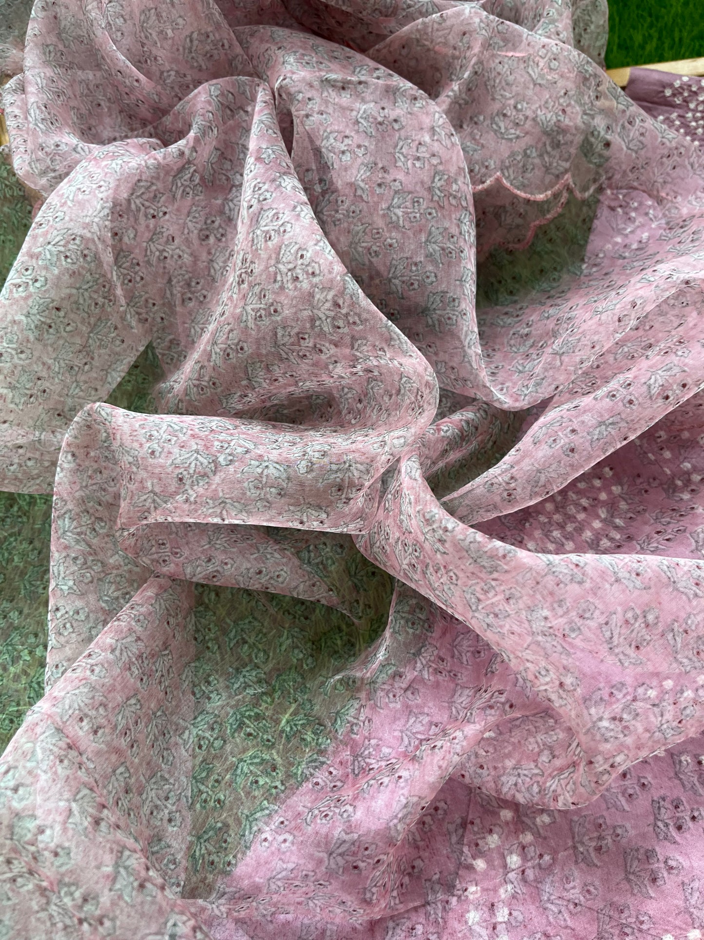 Mulberry Silk bandhani kurta organza block print dupatta