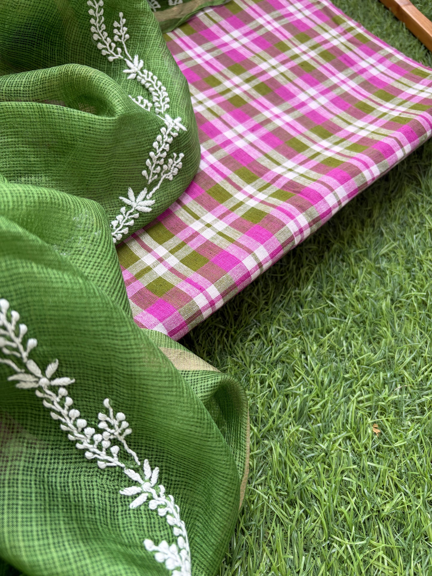 Khadi cotton checks kurta bottom chikankari dupatta