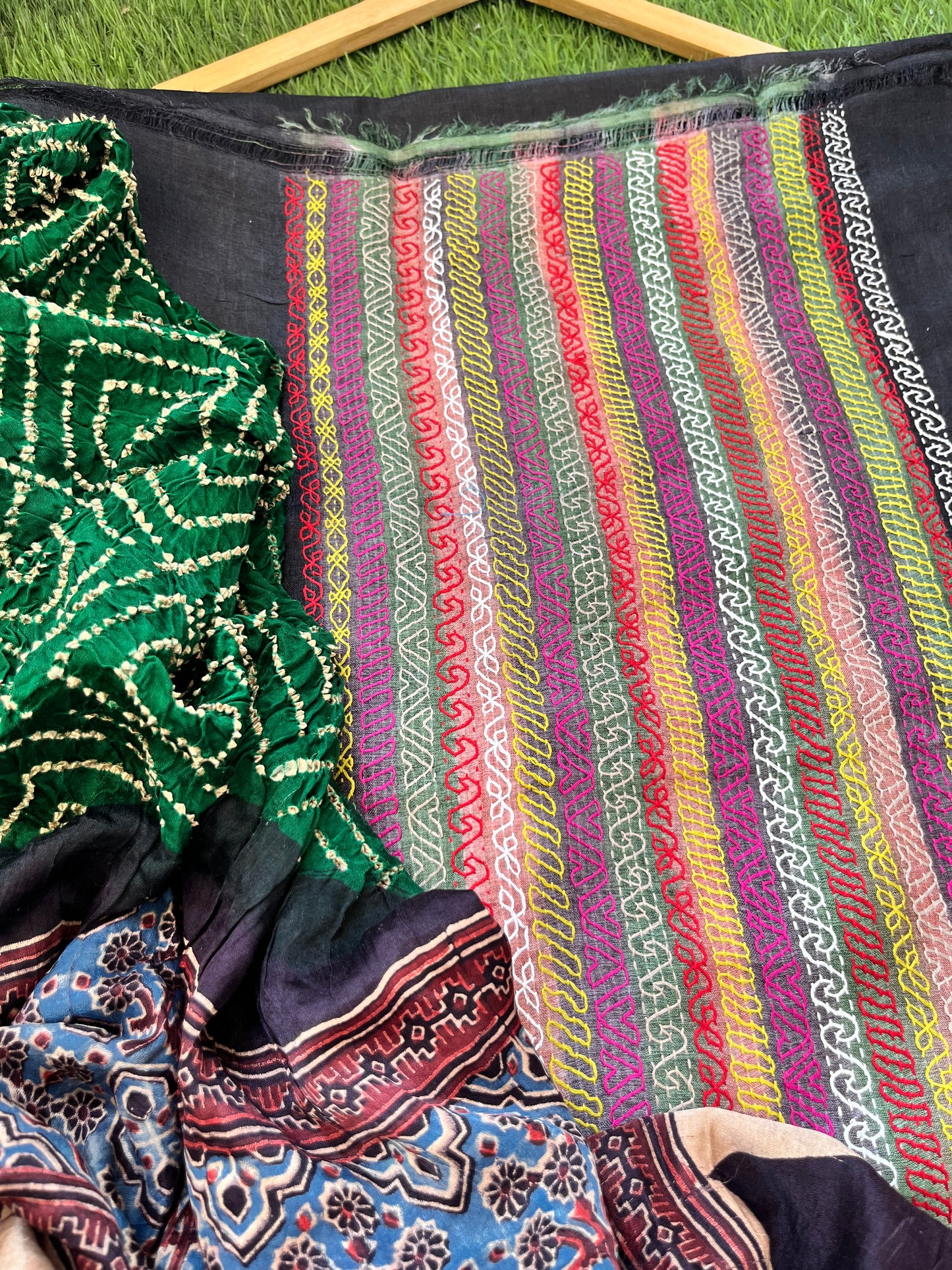 Silk kantha work kurta fabric with Bandhani ajrakh dupatta