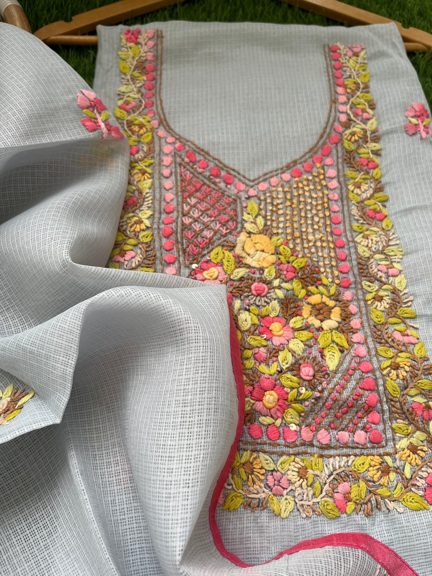 Kota hand embroidered kurta dupatta and plain bottom fabric