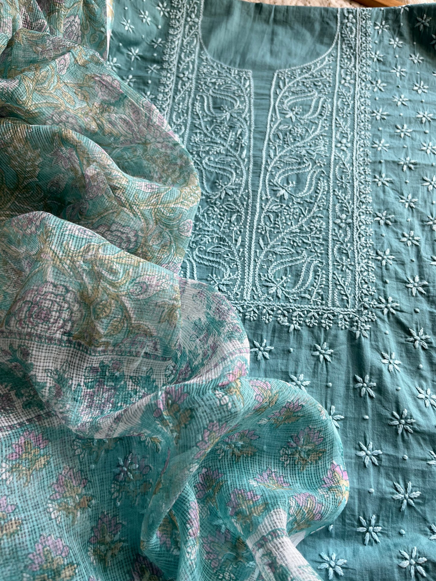 Cotton chikankari kurta kota doria dupatta