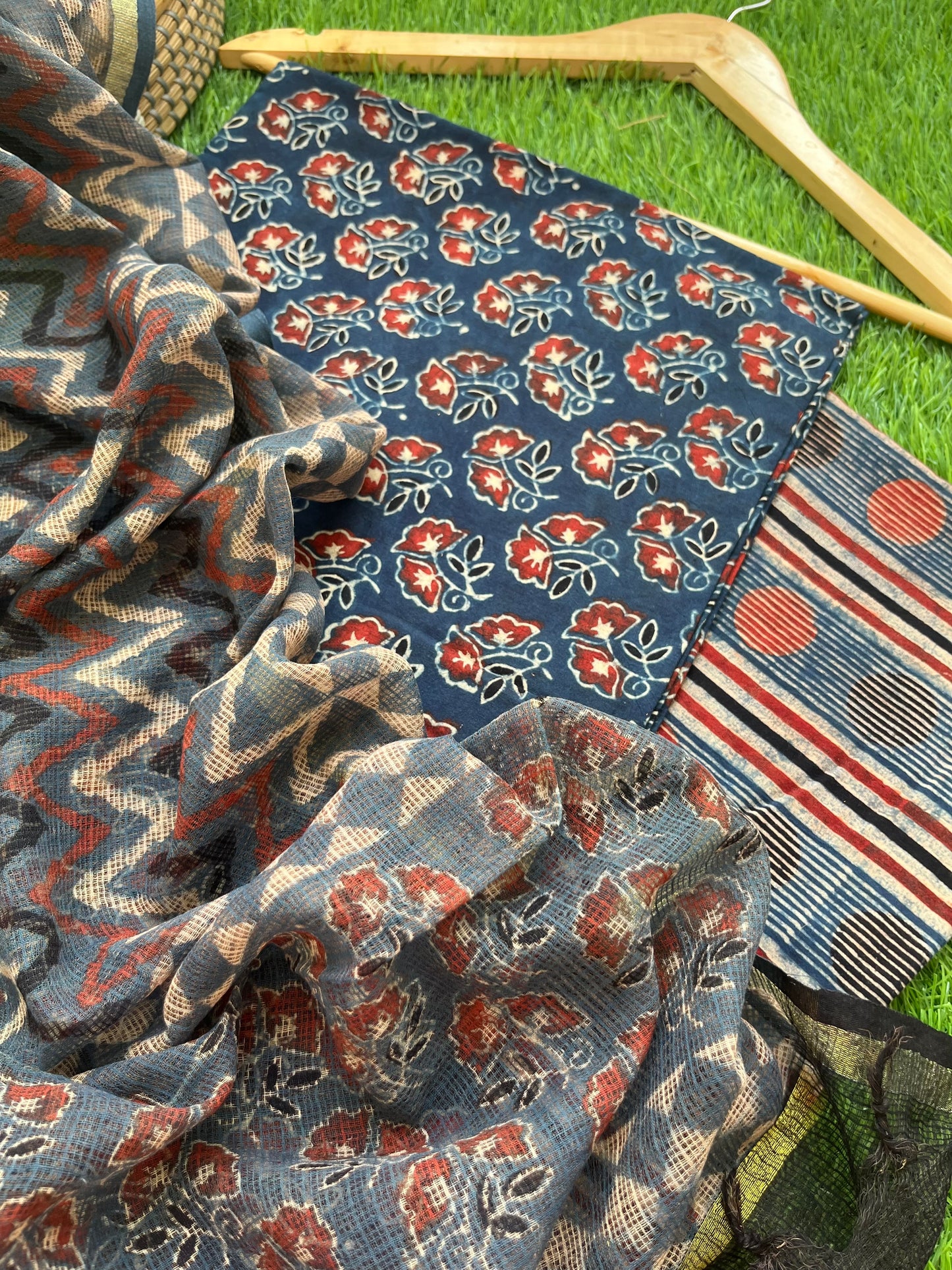 Ajrakh cotton Kurta bottom and kota doria dupatta
