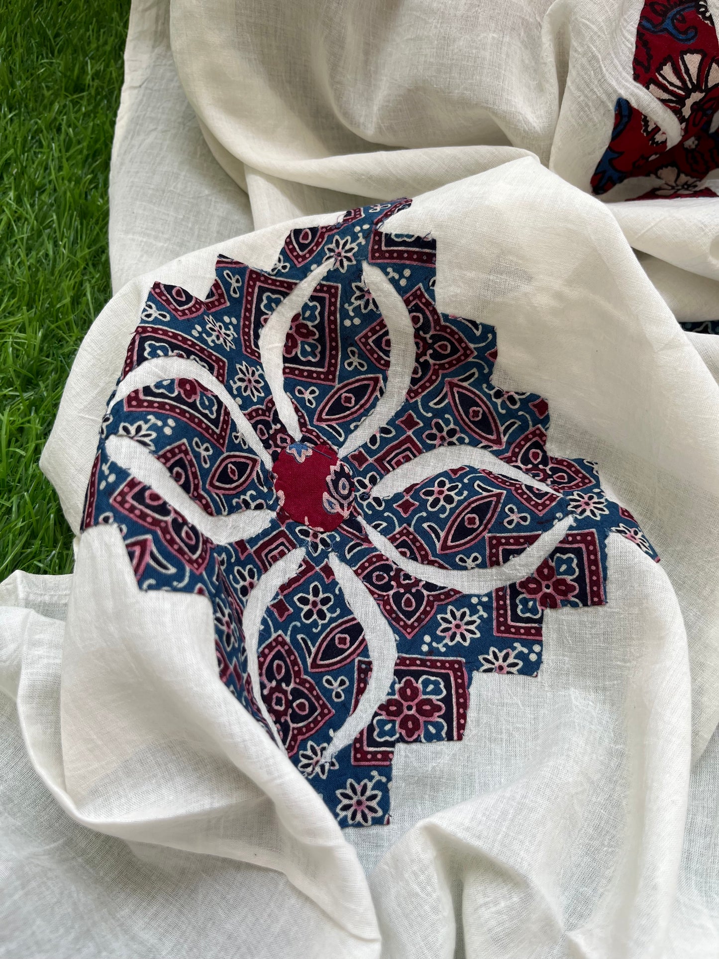 Cotton ajrakh kurta applique work dupatta set