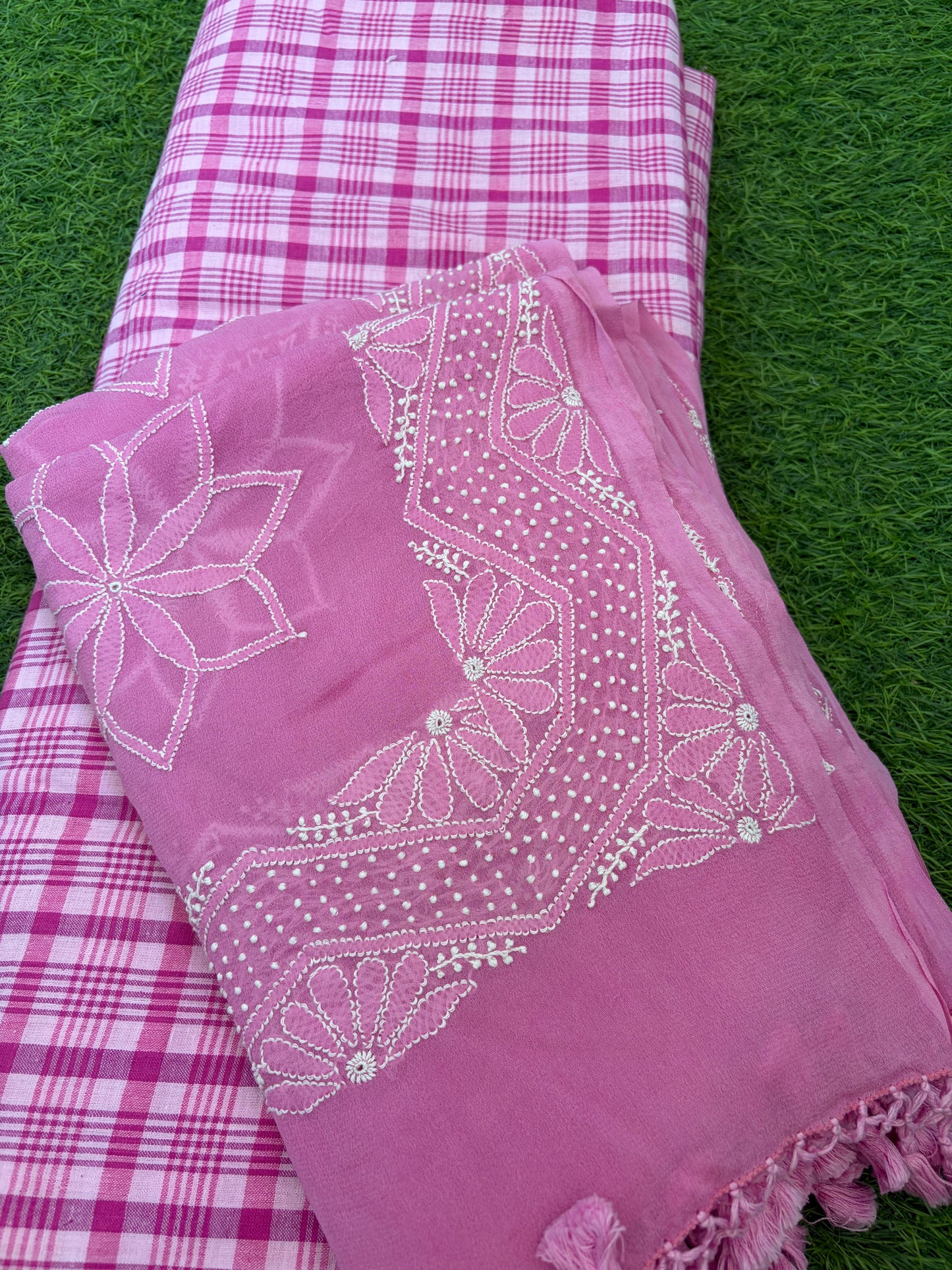 Khadi kurta bottom pure georgette chikankari bandhani dupatta