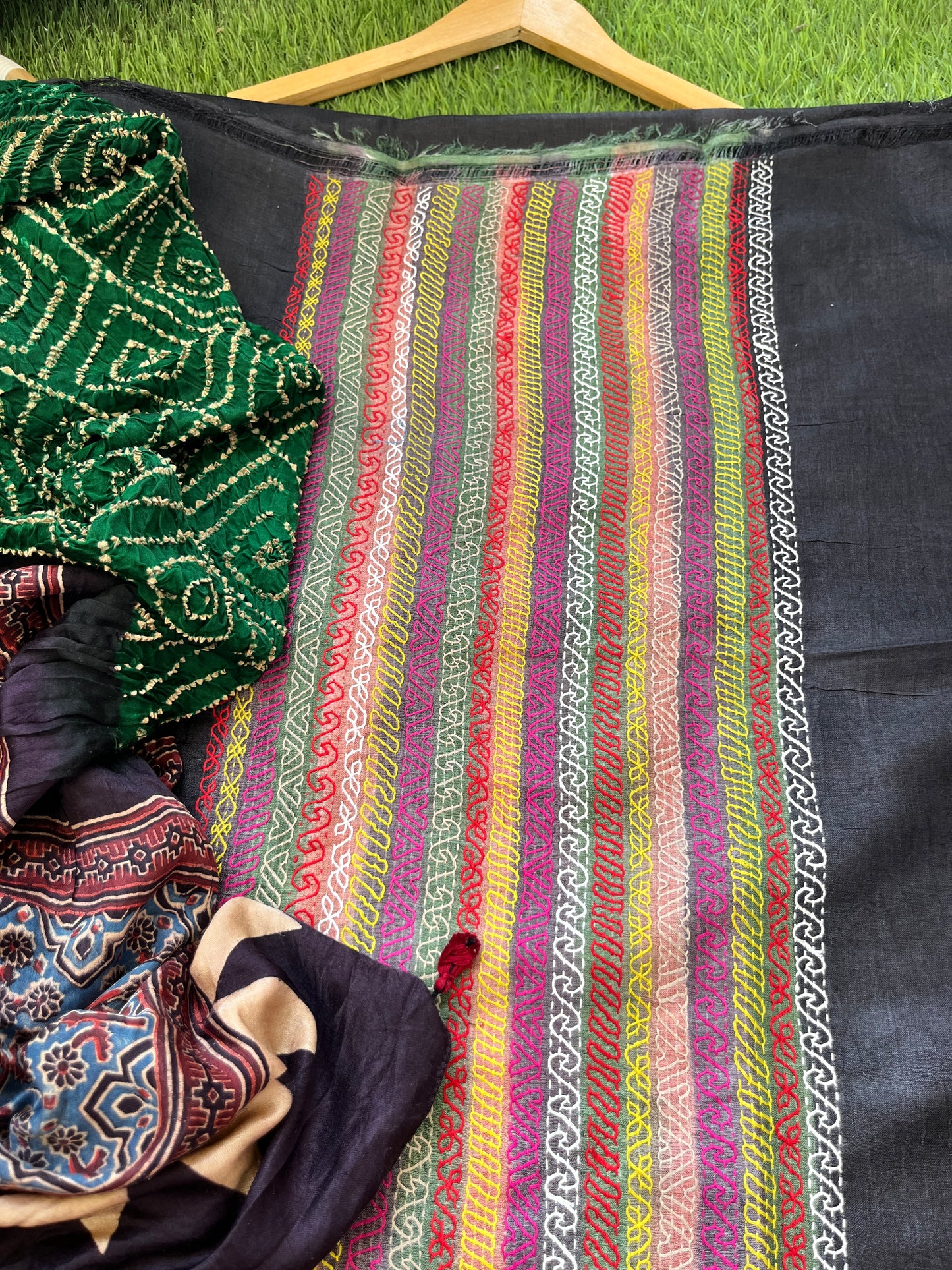 Silk kantha work kurta fabric with Bandhani ajrakh dupatta