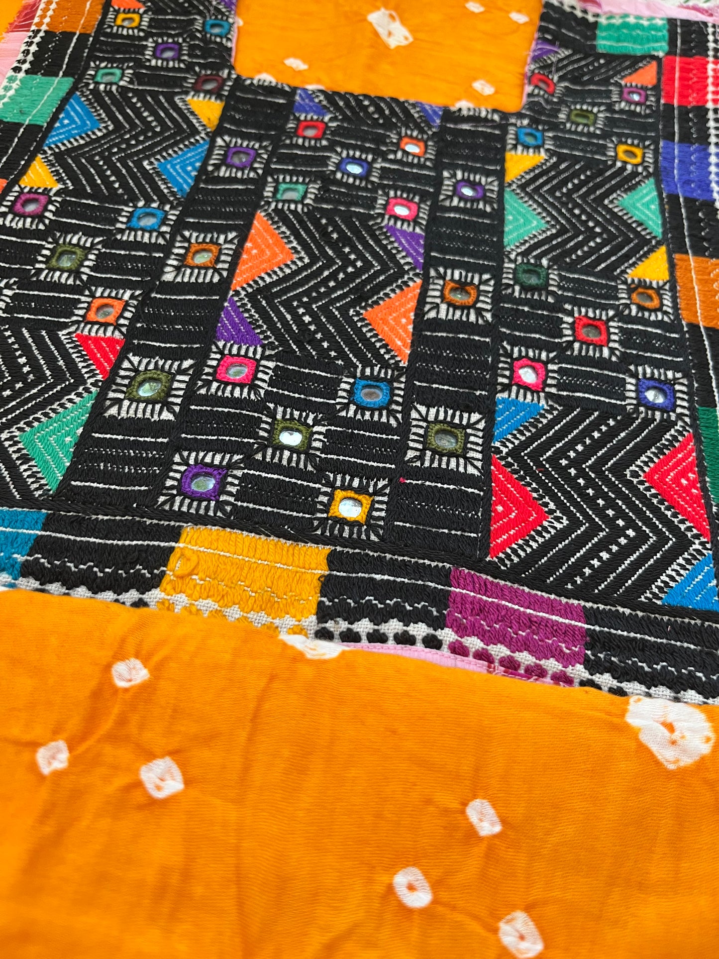 Mirror work patch with bandhani kurta fabric