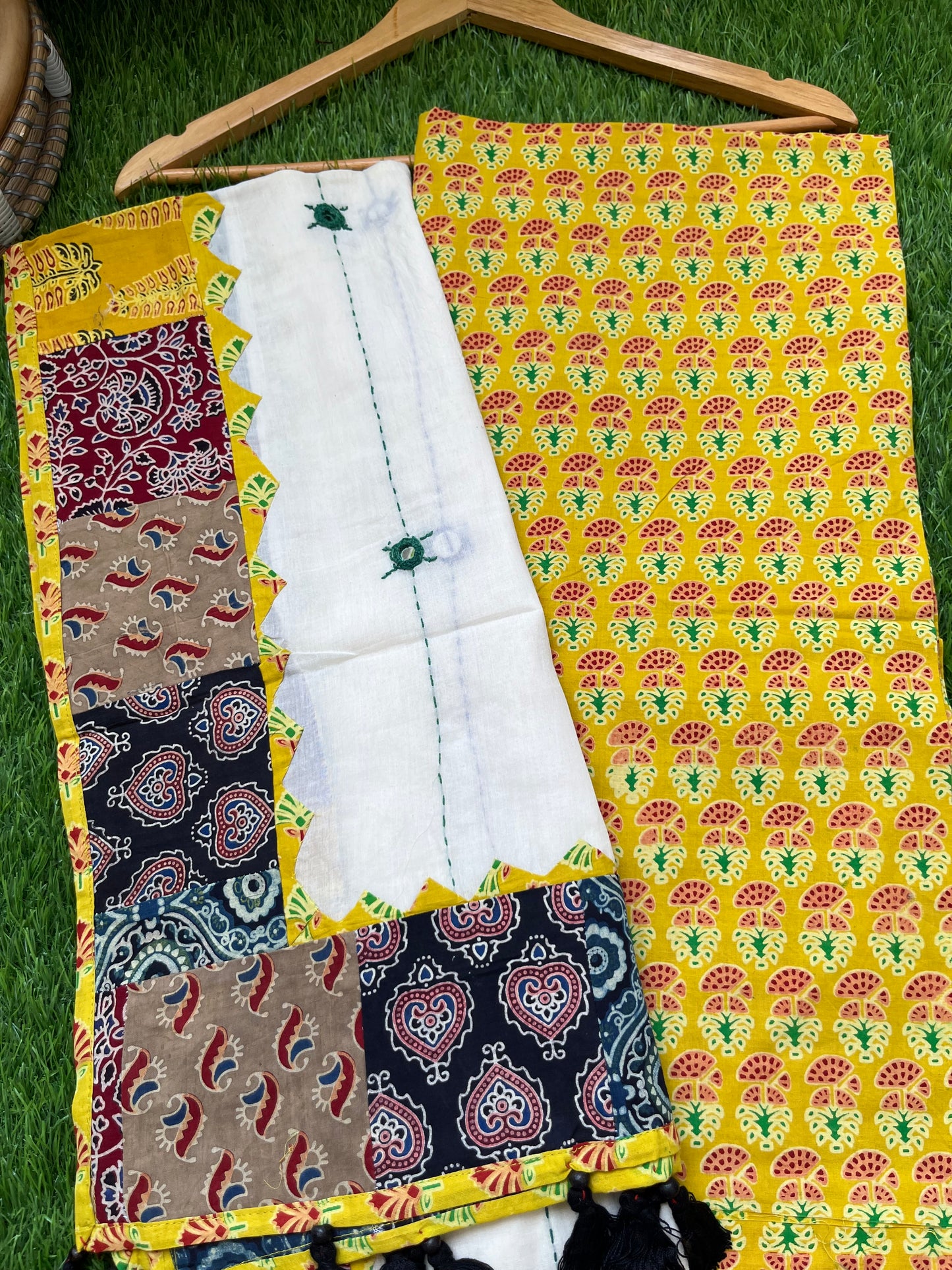 Cotton ajrakh kurta applique Mirror work dupatta set