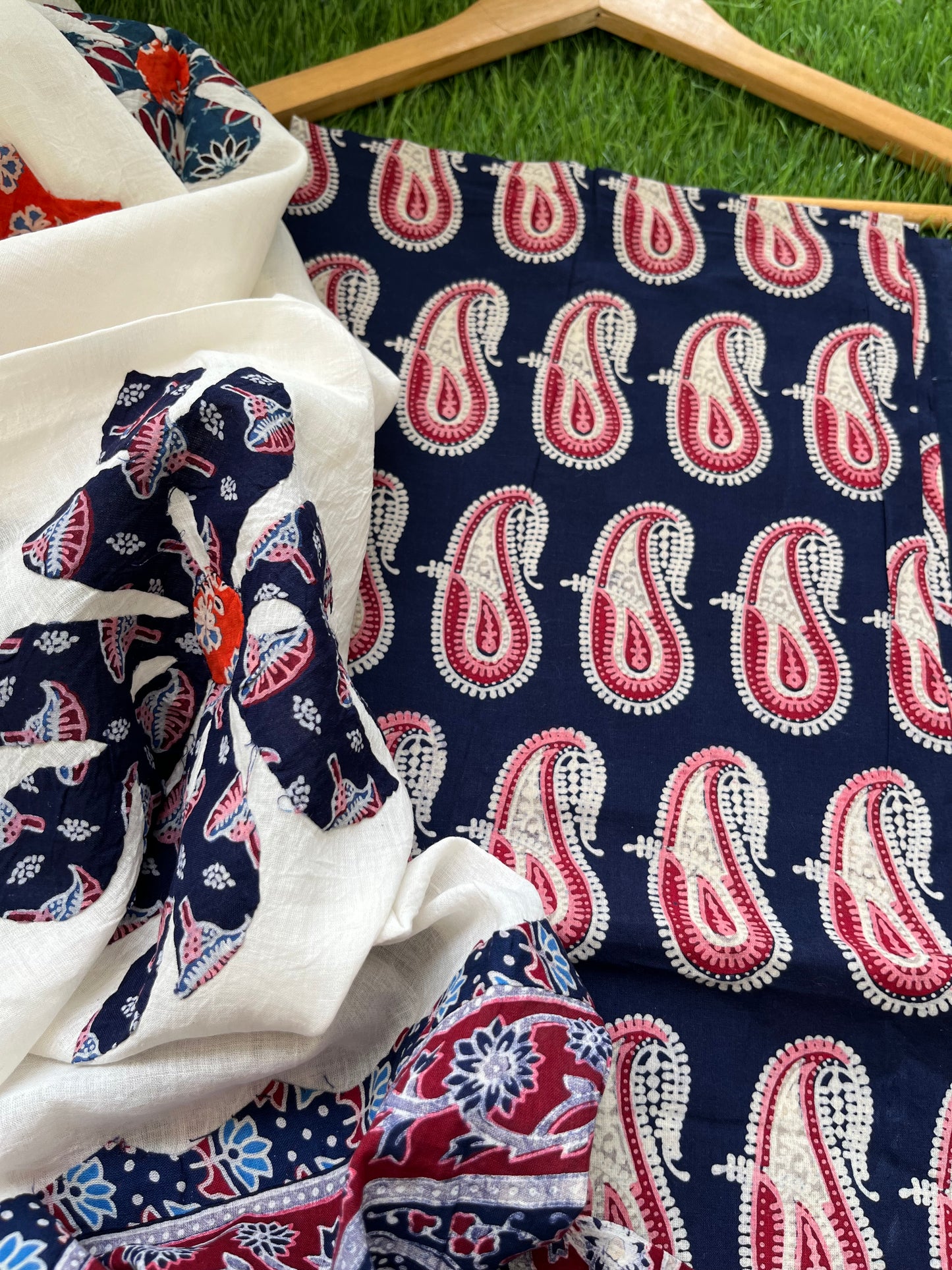 Cotton ajrakh kurta applique work dupatta set