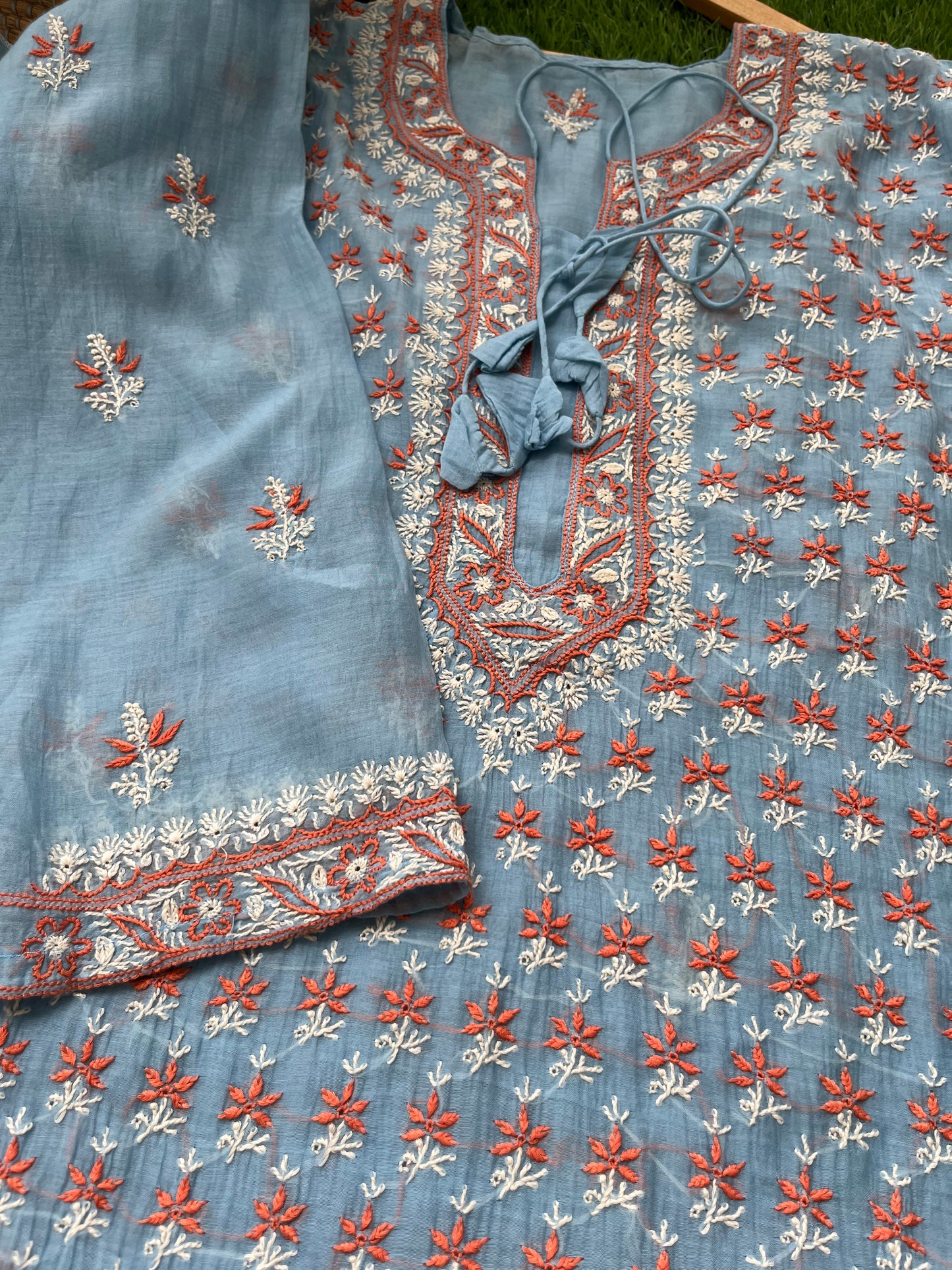 Chanderi Chikankari Kurta kota tissue Dupatta