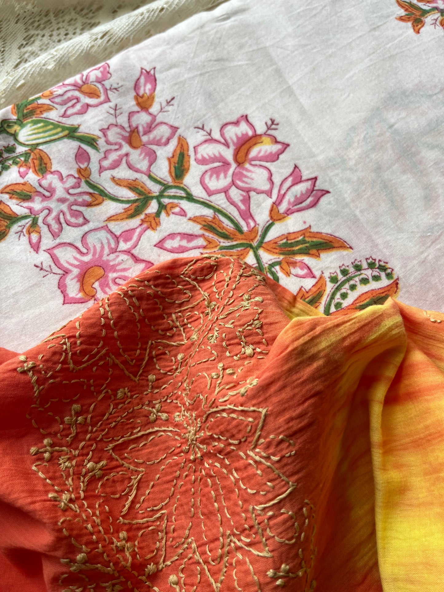 Cotton block print kurta chikankari dupatta