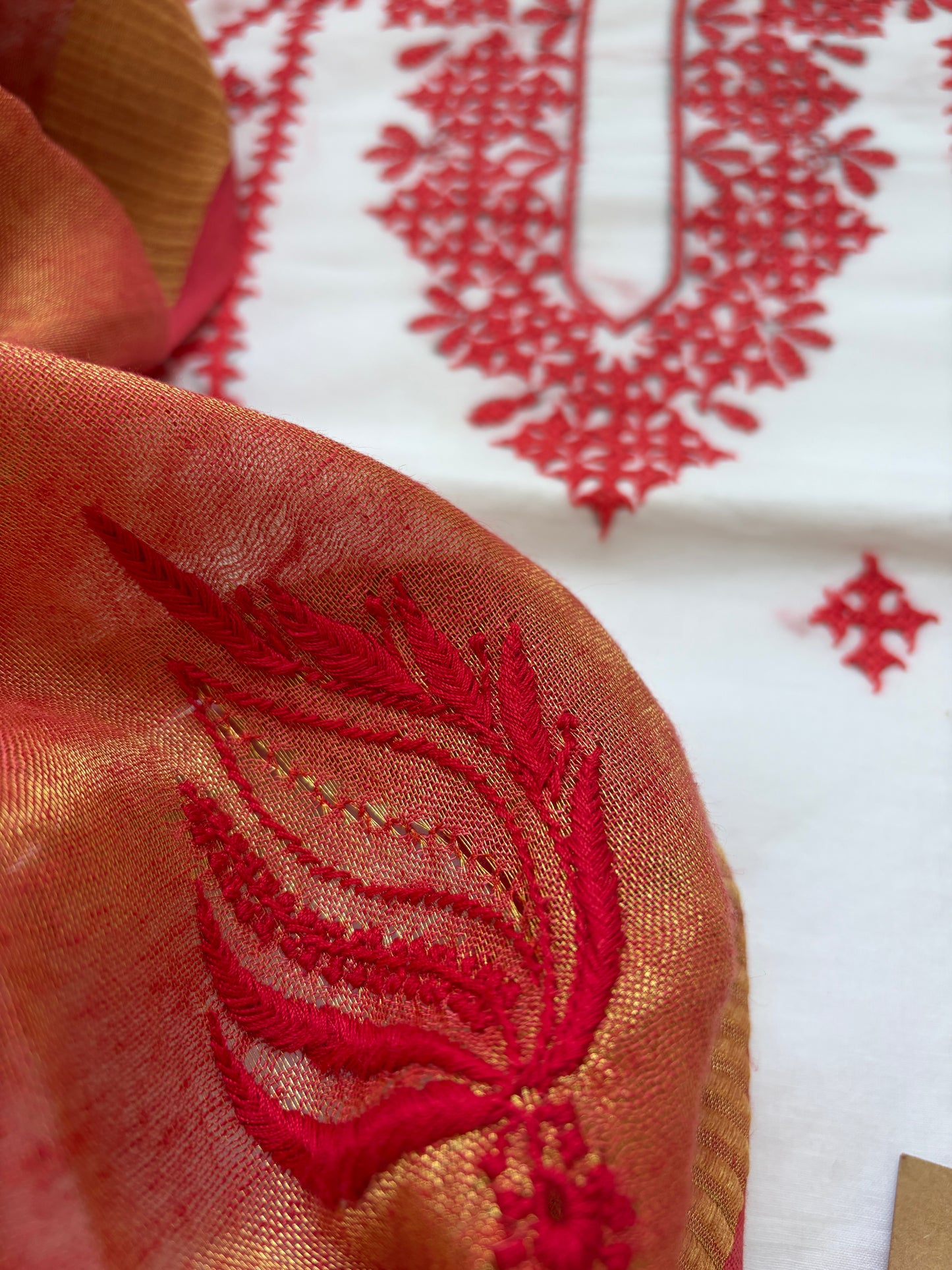 Cotton sindhi work kurta fabric with linen chikankari dupatta