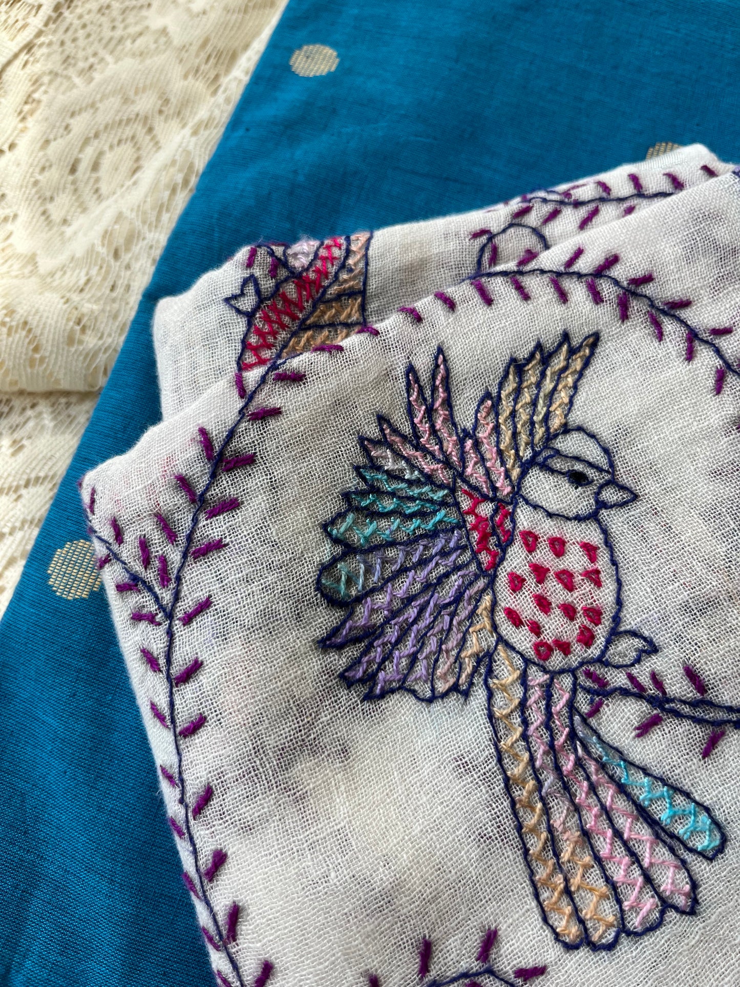 Linen sozni kaam dupatta paired with mangalgiri cotton kurta bottom fabric