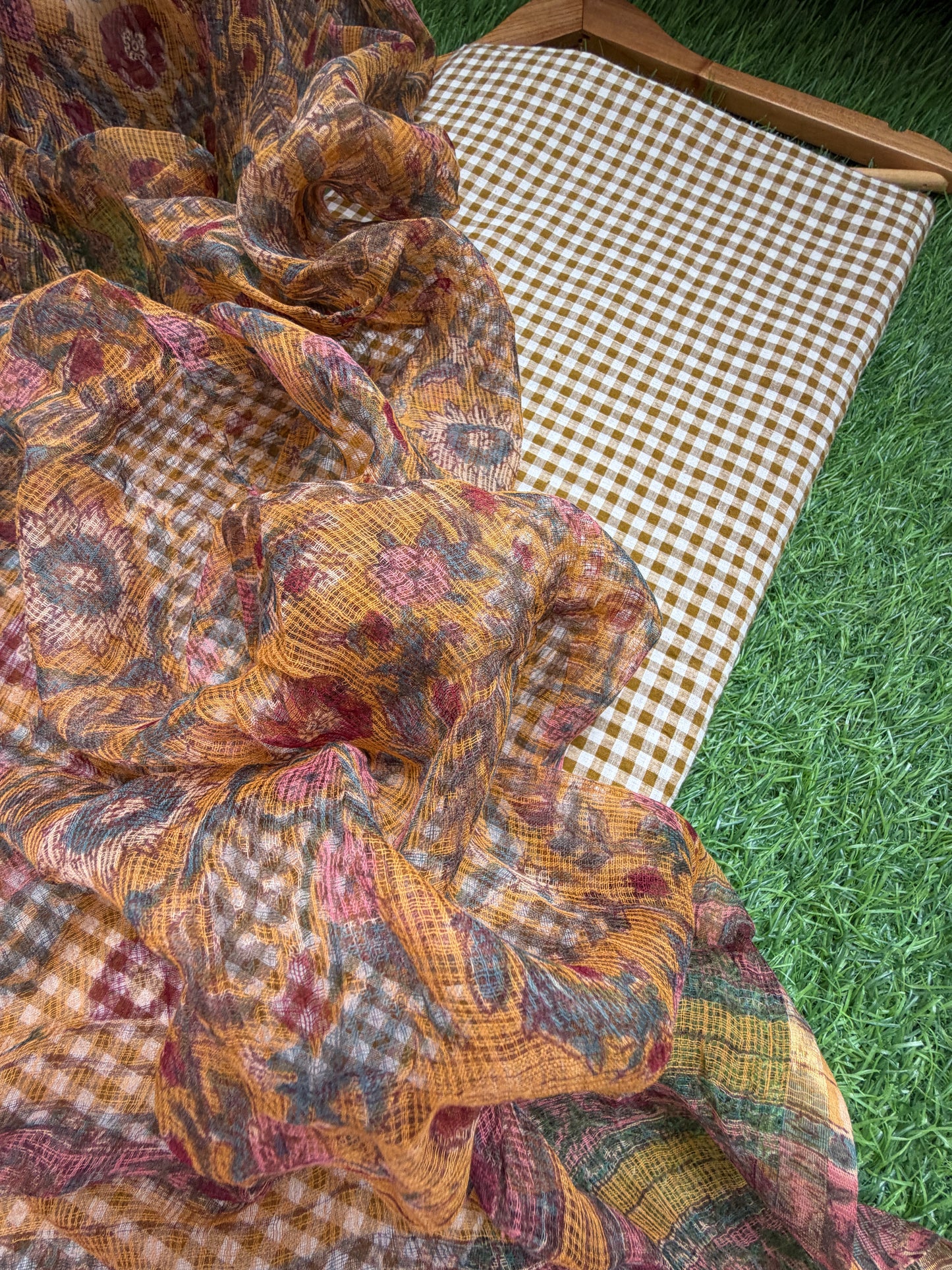 Khadi cotton check kurta bottom fabric kota dupatta