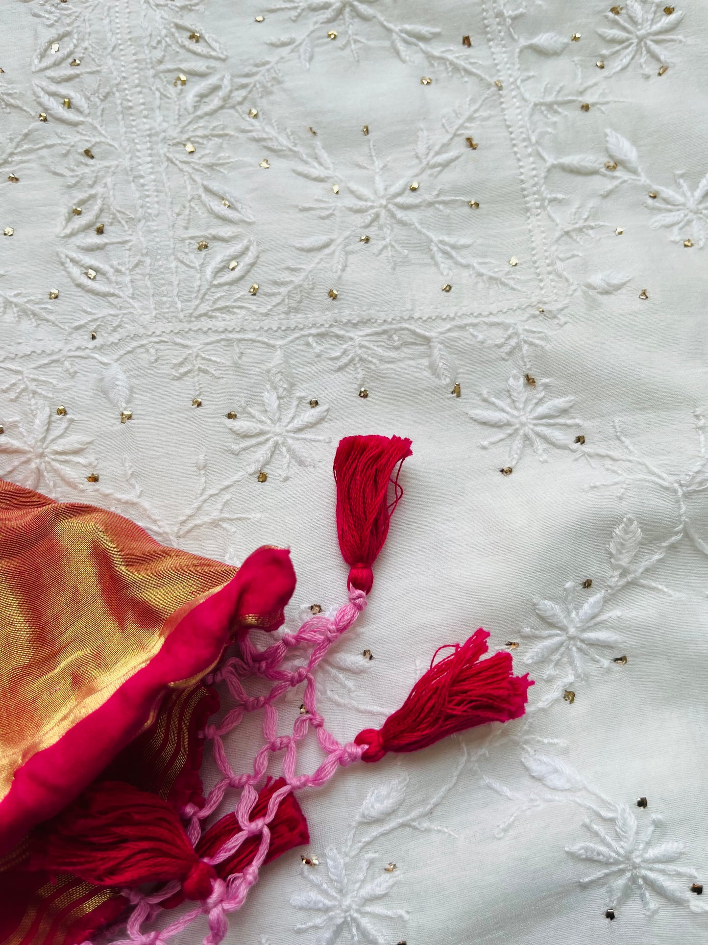 Chanderi Chikankari Kurta gajji silk bandhani Dupatta