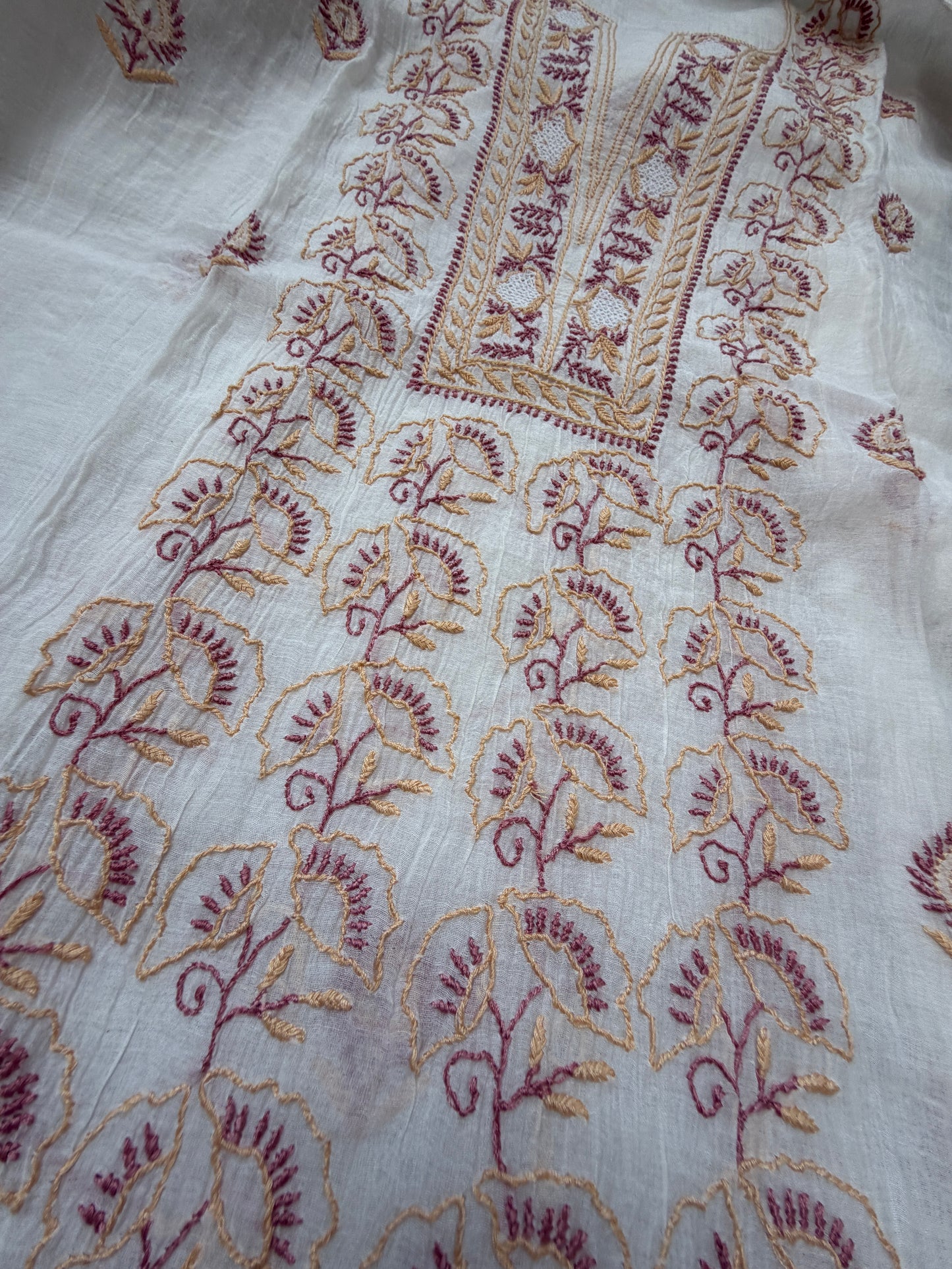 Semi stitched Chanderi Chikankari Kurta Dupatta