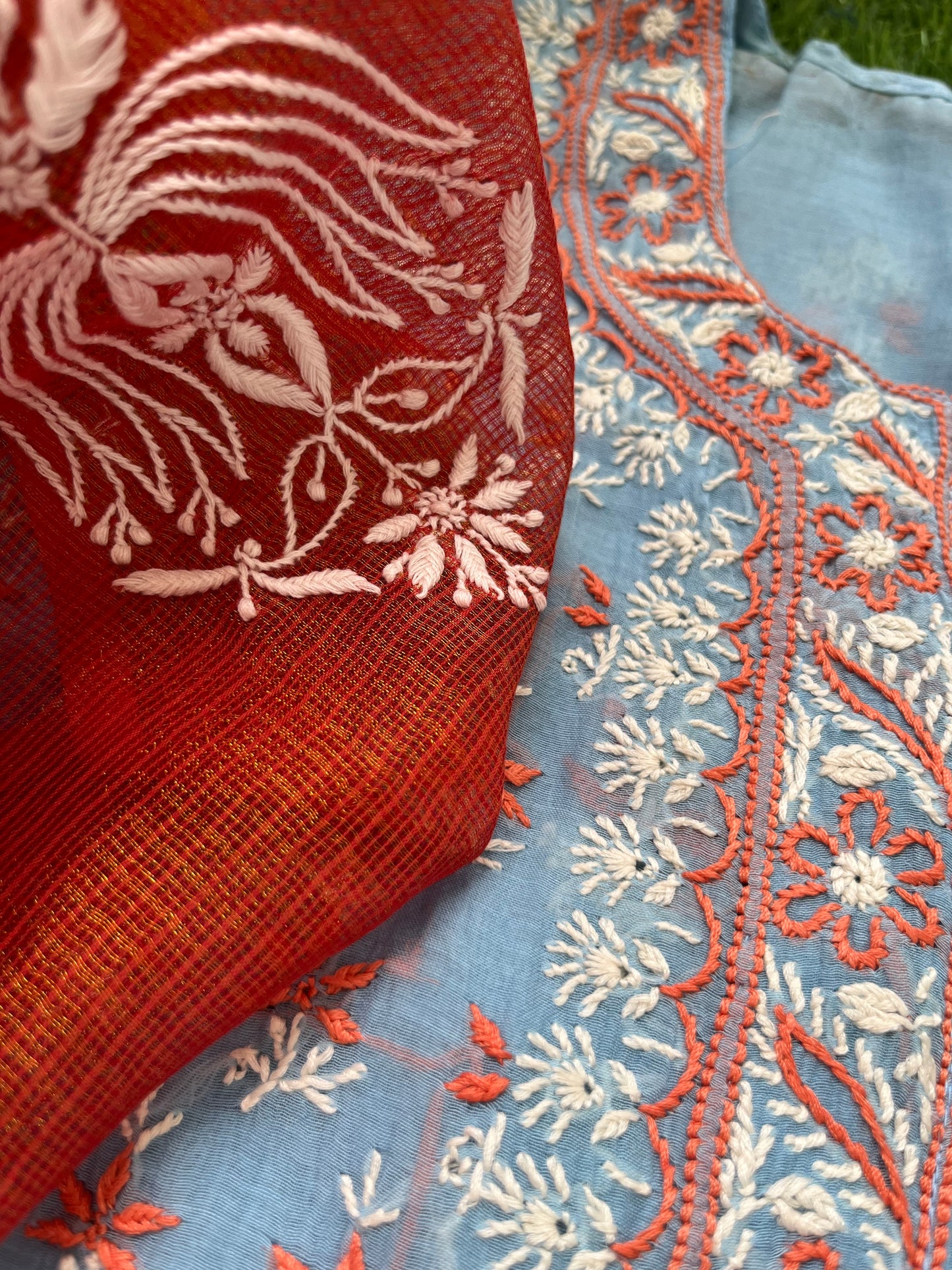 Chanderi Chikankari Kurta kota tissue Dupatta