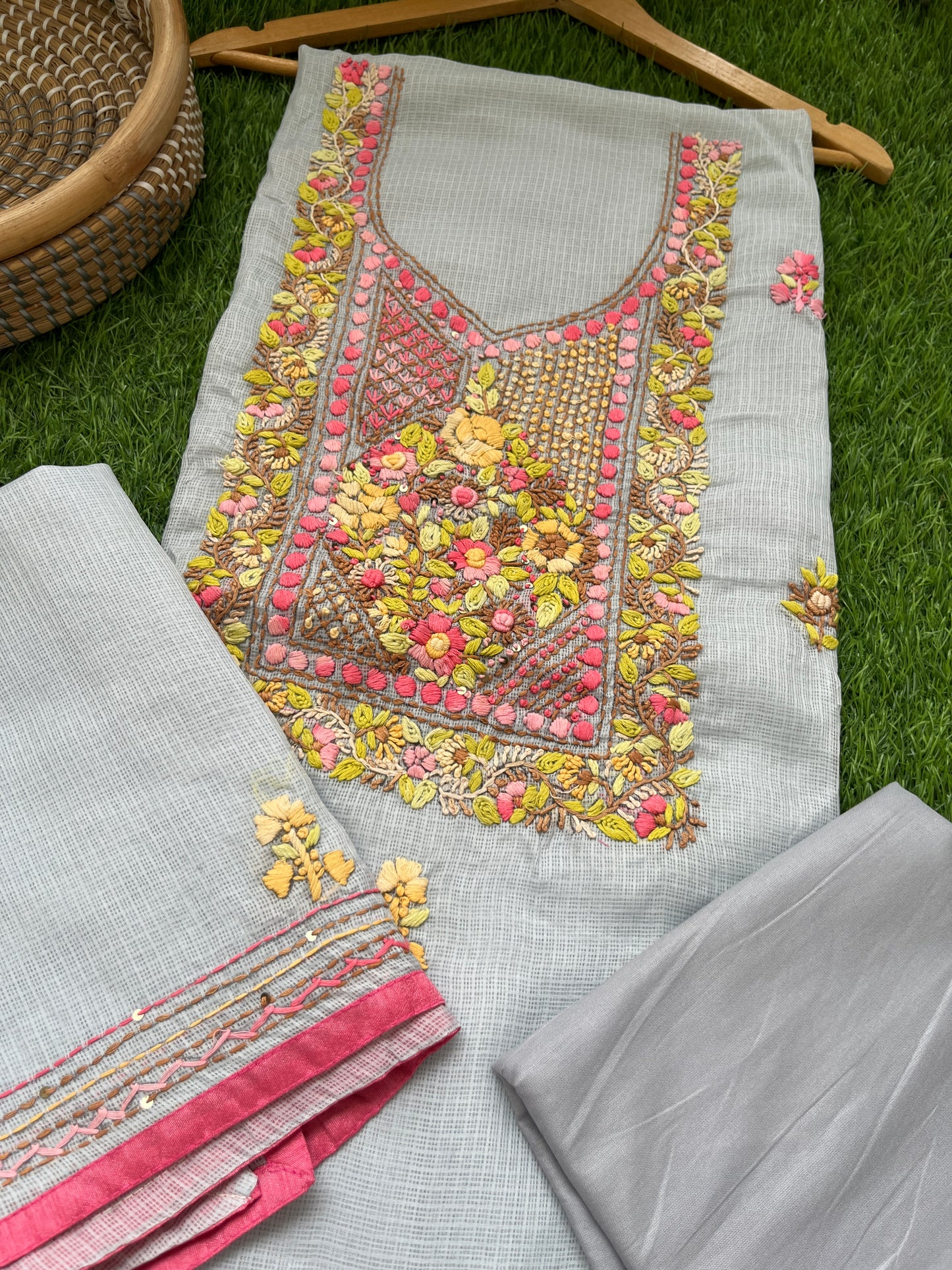 Kota hand embroidered kurta dupatta and plain bottom fabric