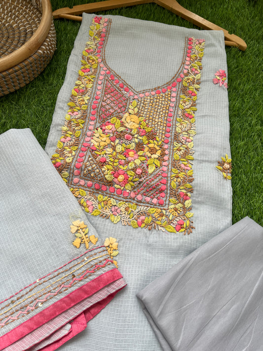 Kota hand embroidered kurta dupatta and plain bottom fabric