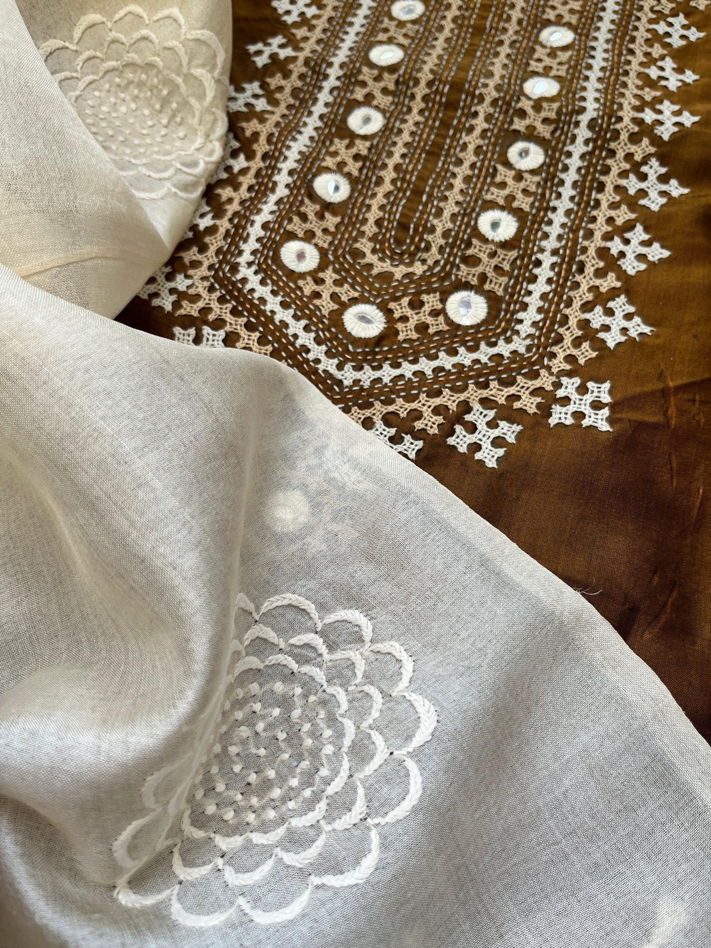Silk sindhi work kurta fabric with silk chikankari dupatta
