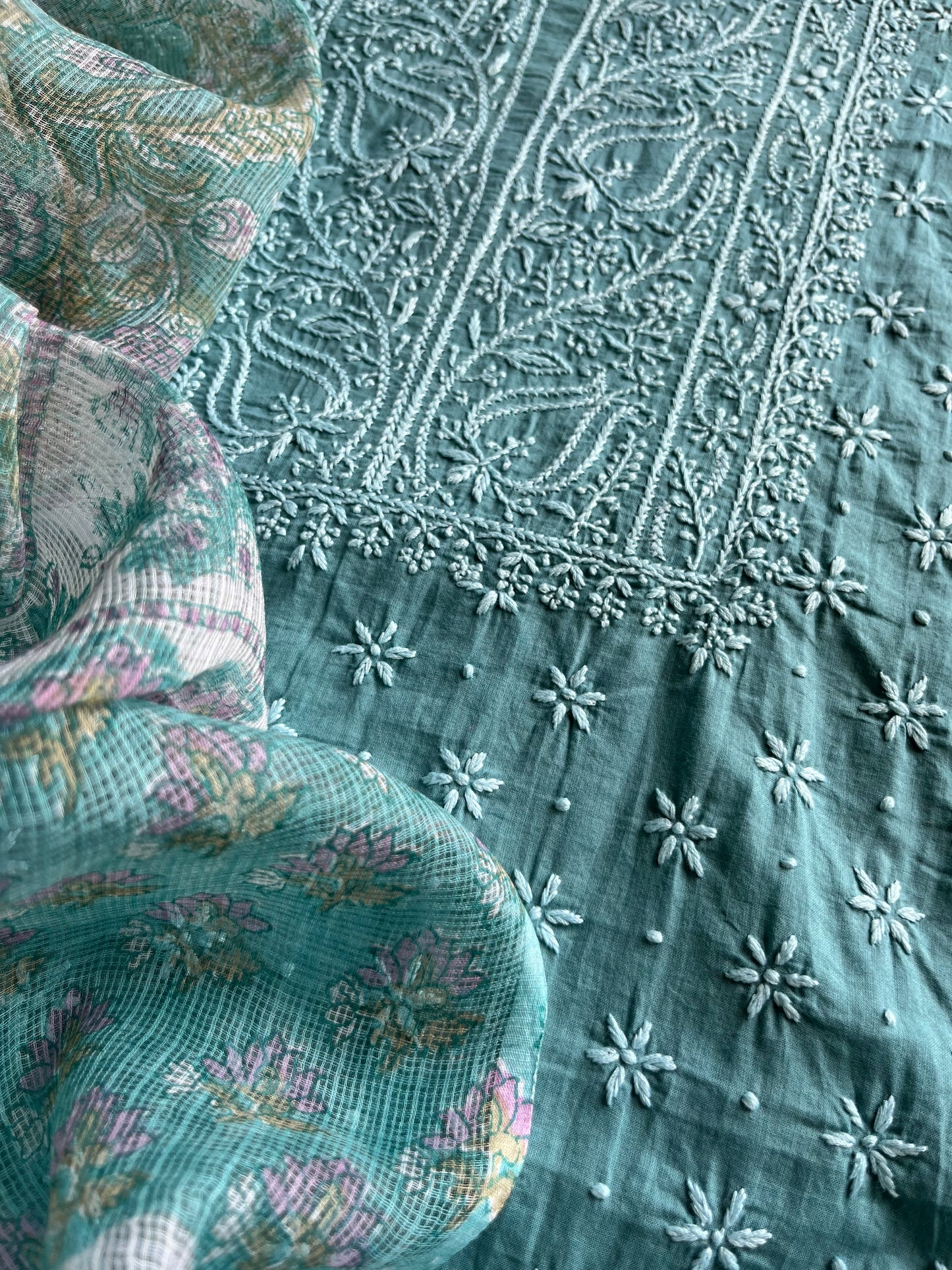 Cotton chikankari kurta kota doria dupatta