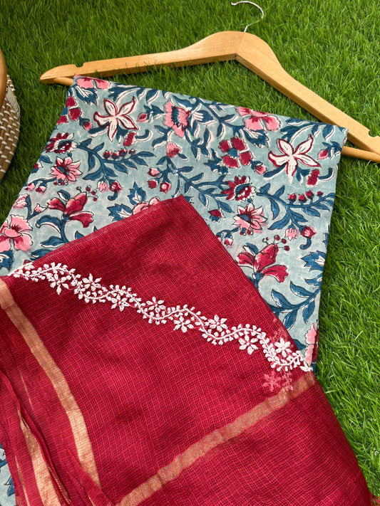 रोज़ाना  :Kota Silk Chikankari Dupatta with chanderi block print kurta Fabric