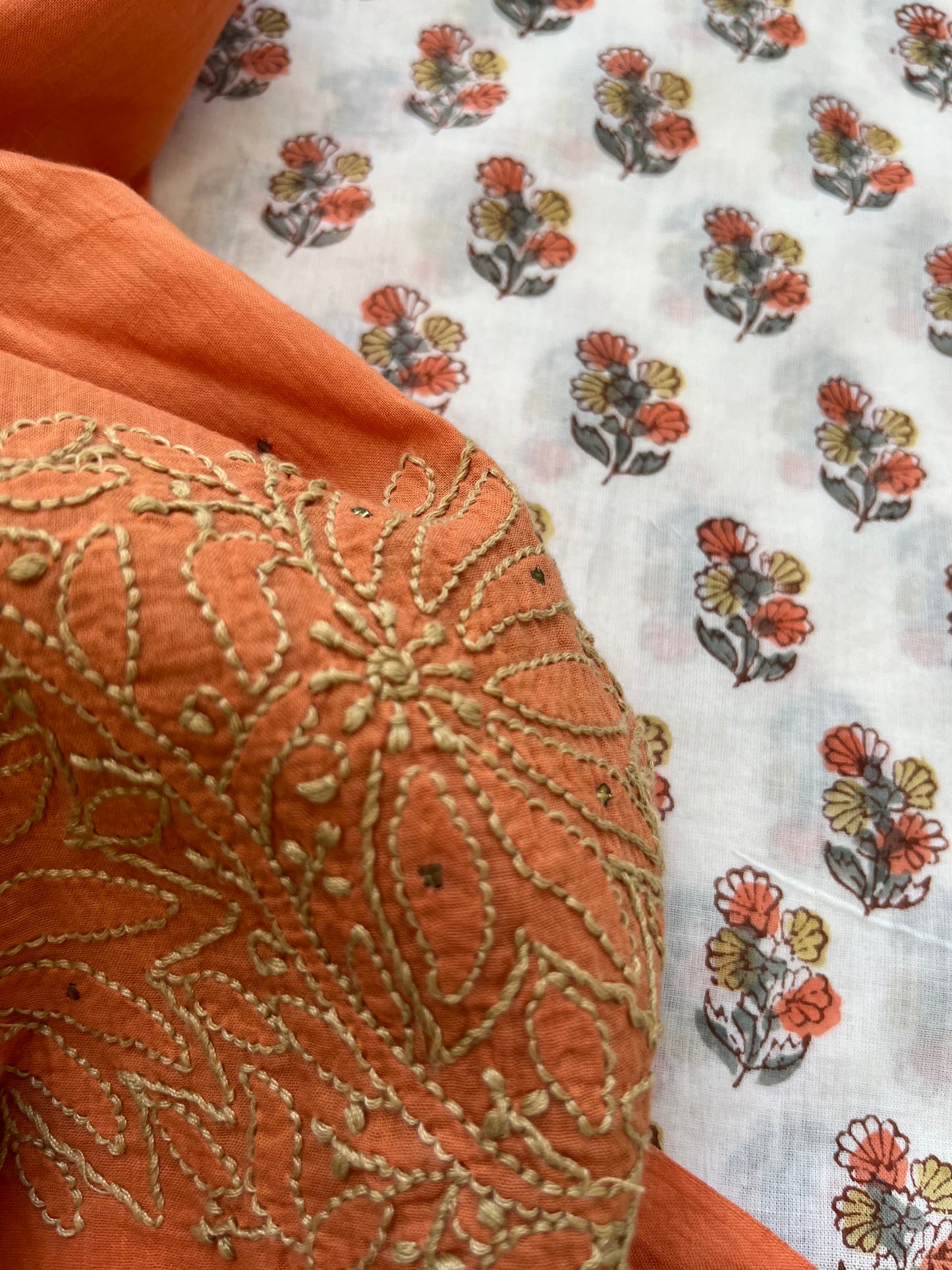 Cotton block print kurta bottom chikankari dupatta