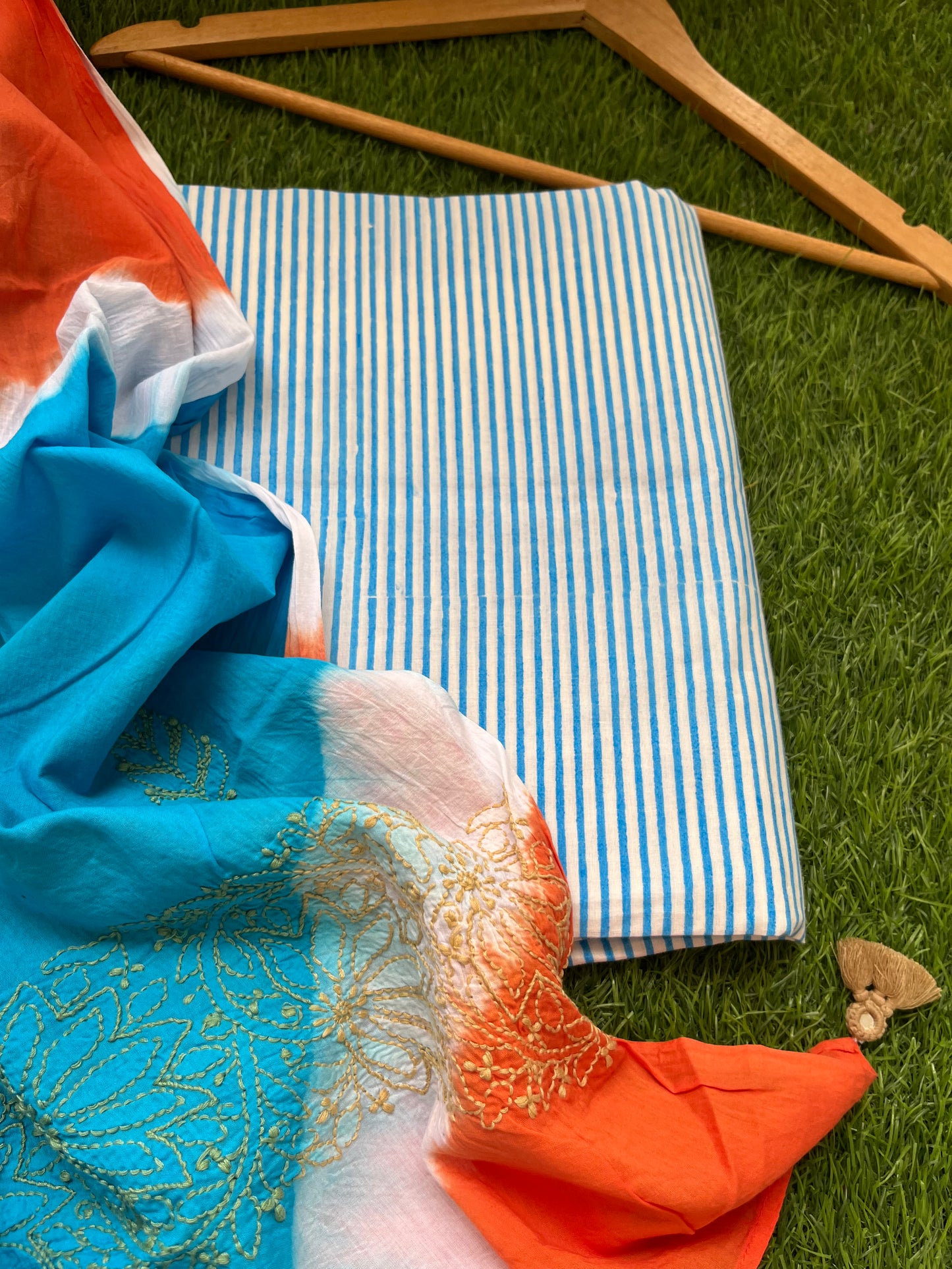 Cotton block print kurta bottom chikankari dupatta