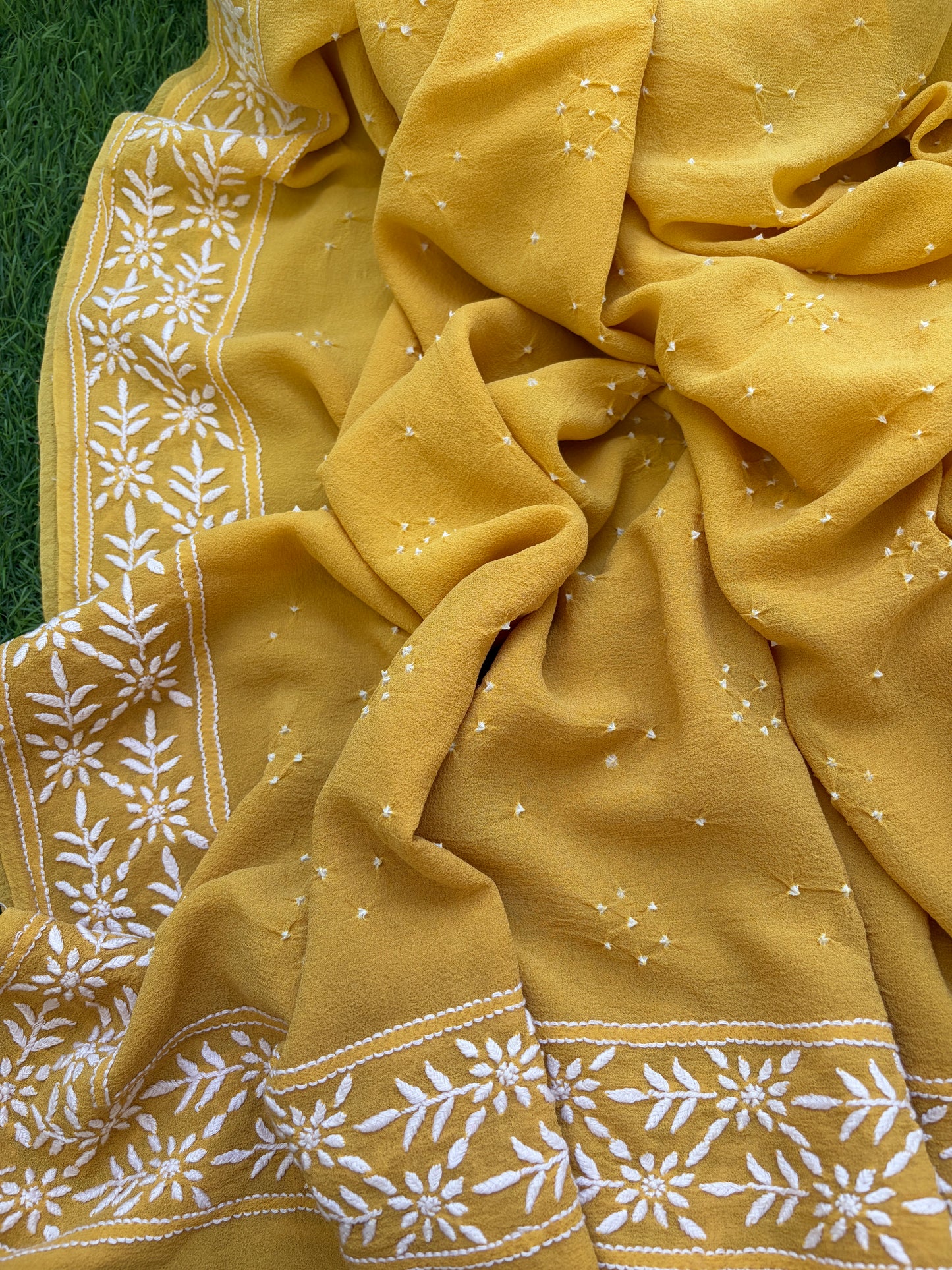 Khadi kurta bottom pure georgette chikankari bandhani dupatta