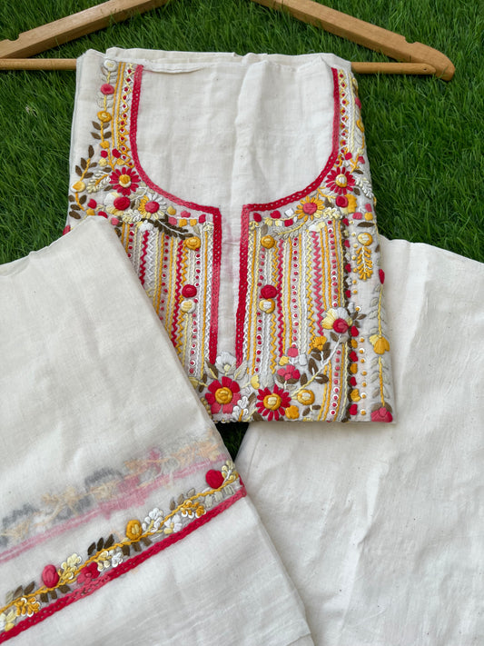 Handwoven Cotton knot work embroidered kurta dupatta and plain bottom fabric