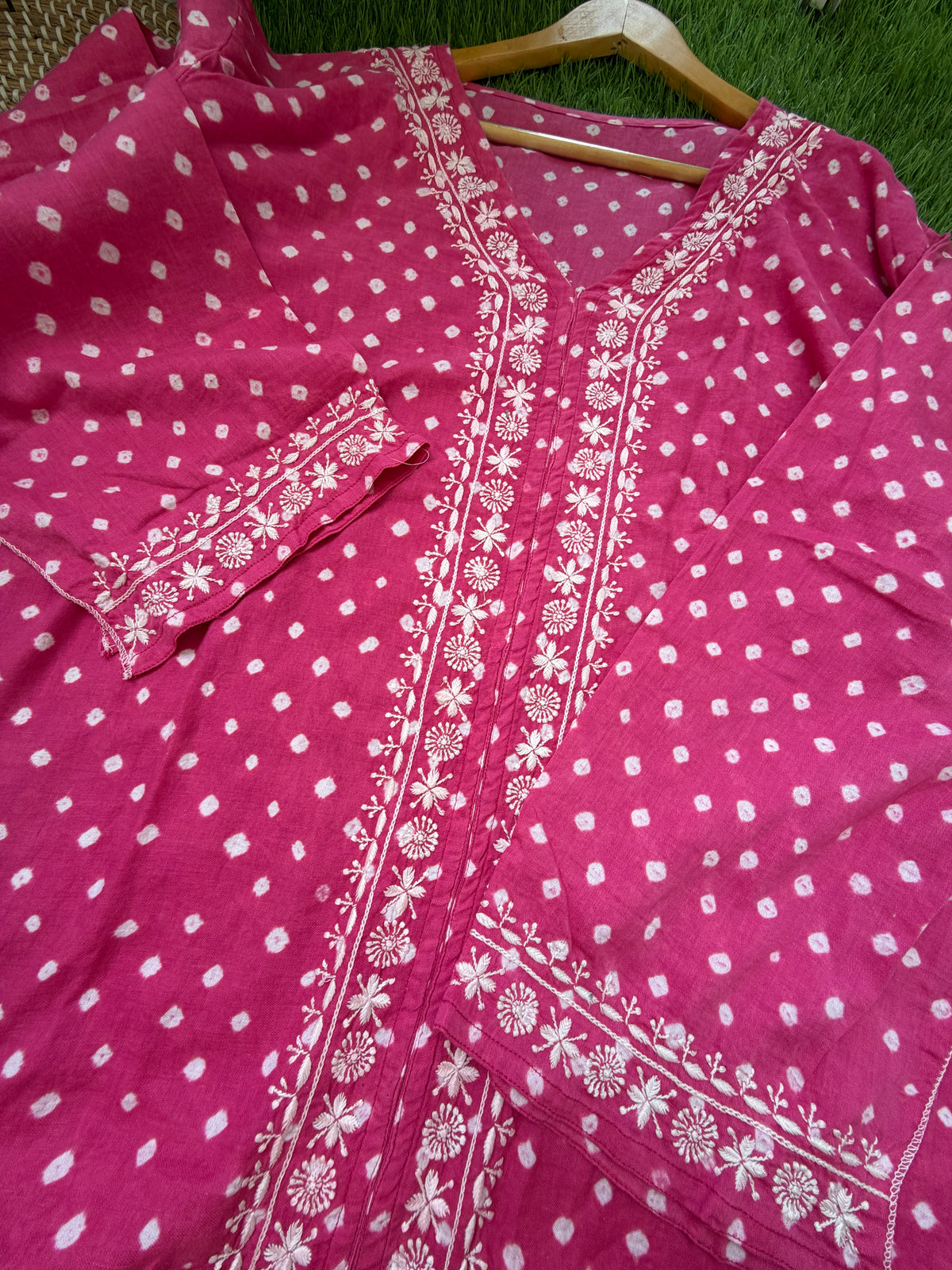 Cotton Bandhani chikan shirt and a-bottom
