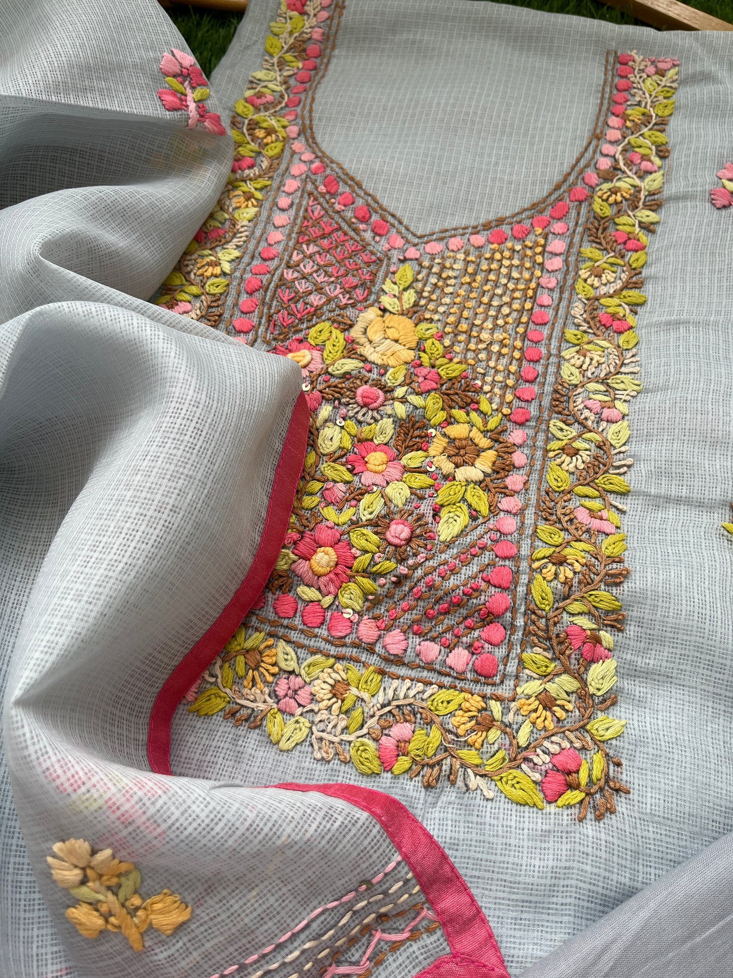 Kota hand embroidered kurta dupatta and plain bottom fabric