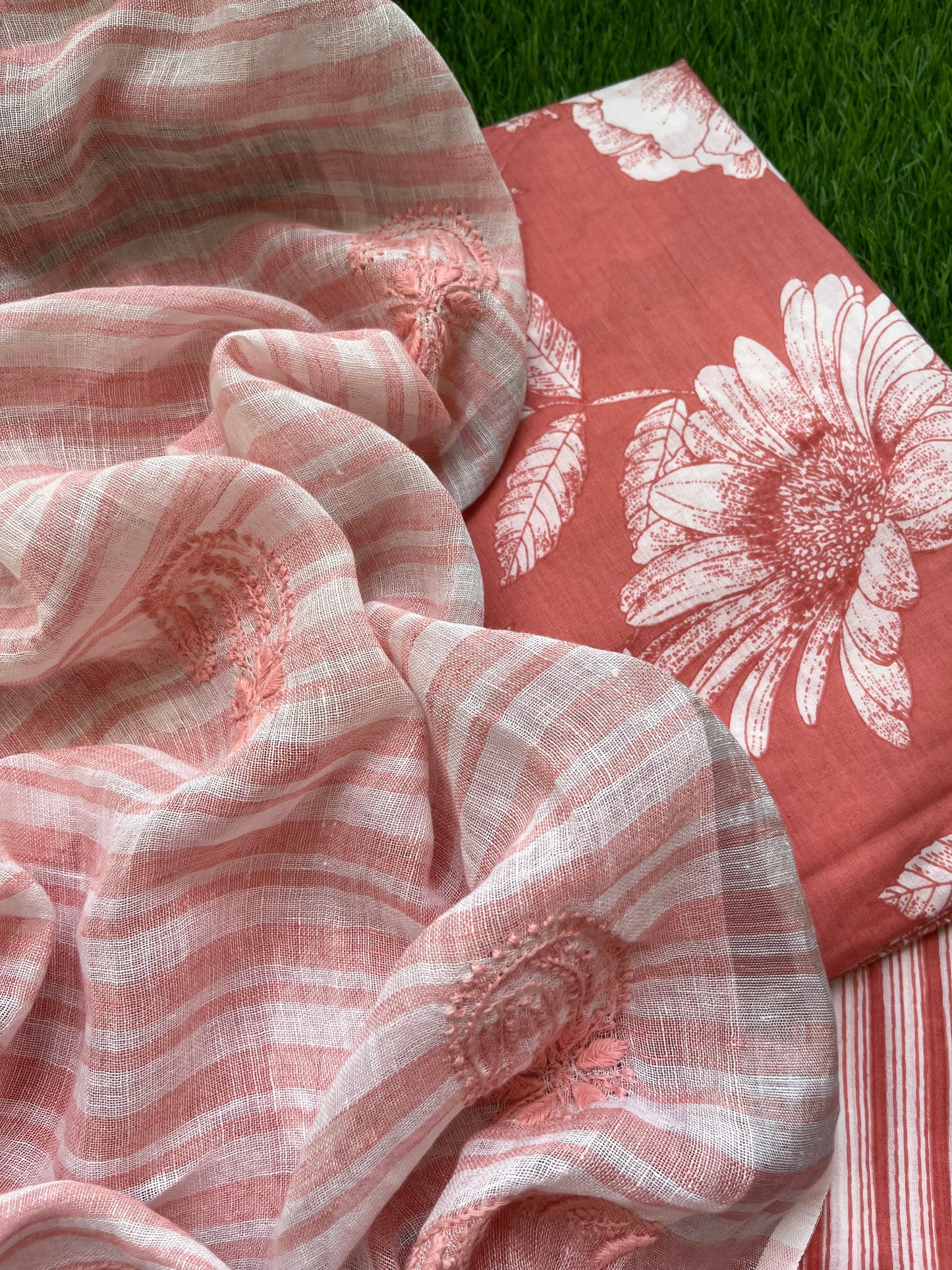 Cotton block print kurta bottom fabric chikan work dupatta