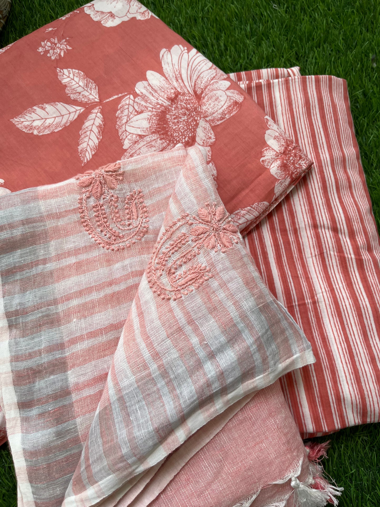 Cotton block print kurta bottom fabric chikan work dupatta