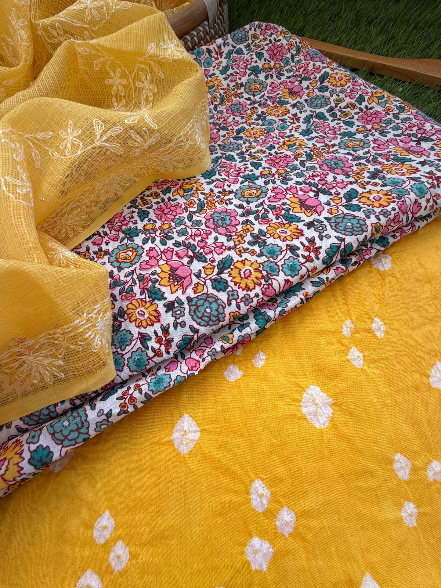 Cotton kurta bandhani bottom Kota Doria chikankari dupatta