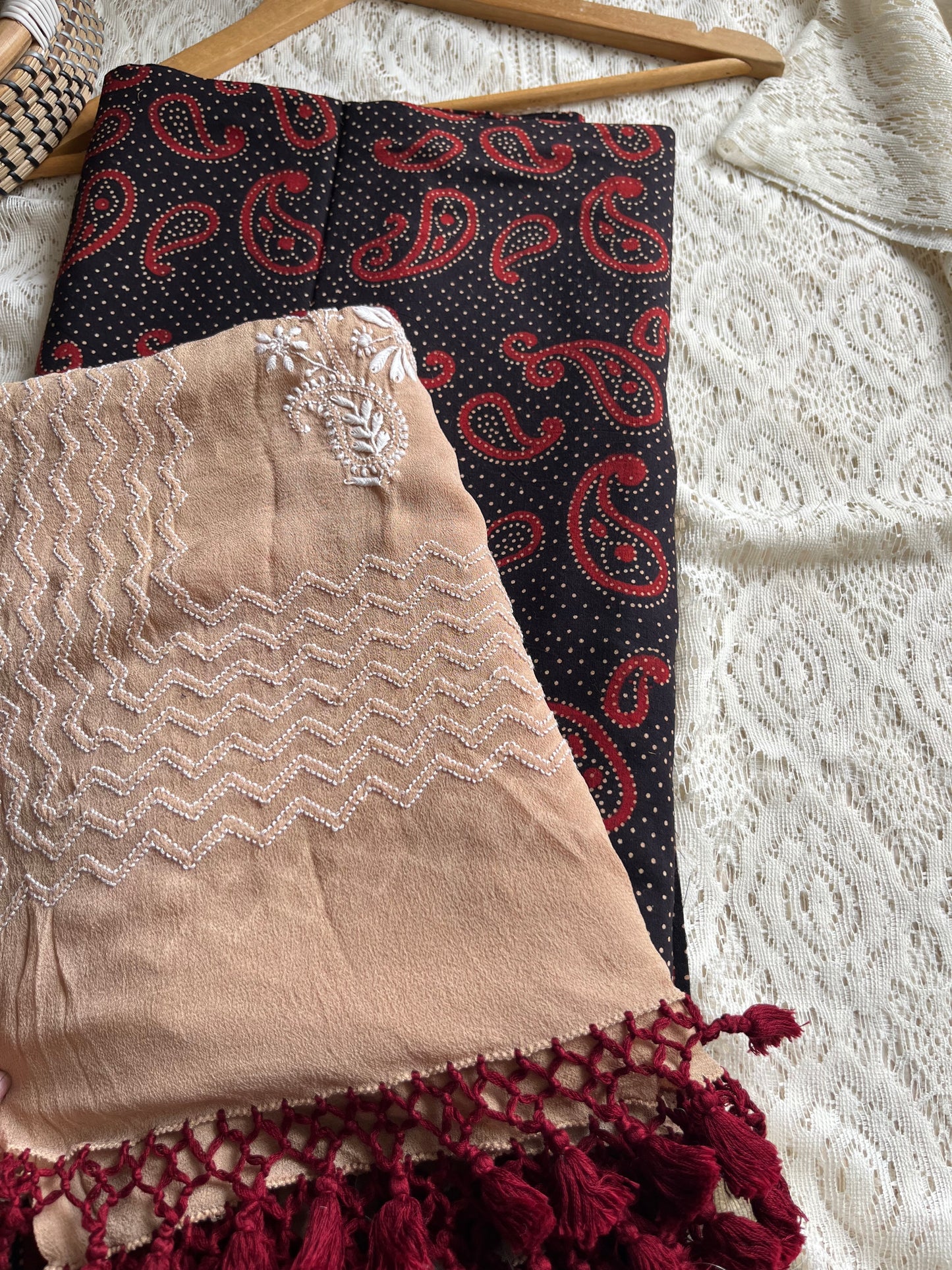 Cotton kurta bottom pure georgette chikankari bandhani dupatta