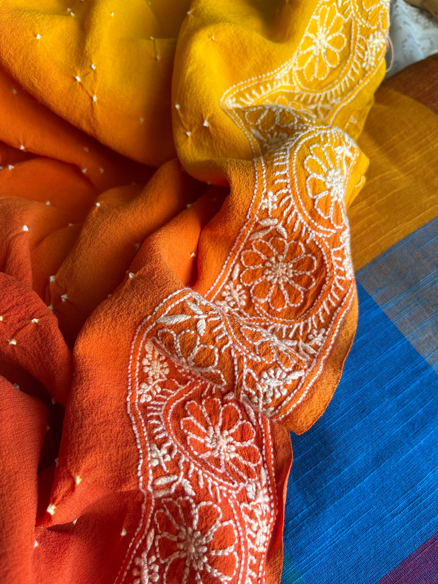 Cotton kurta bottom pure georgette chikankari bandhani dupatta