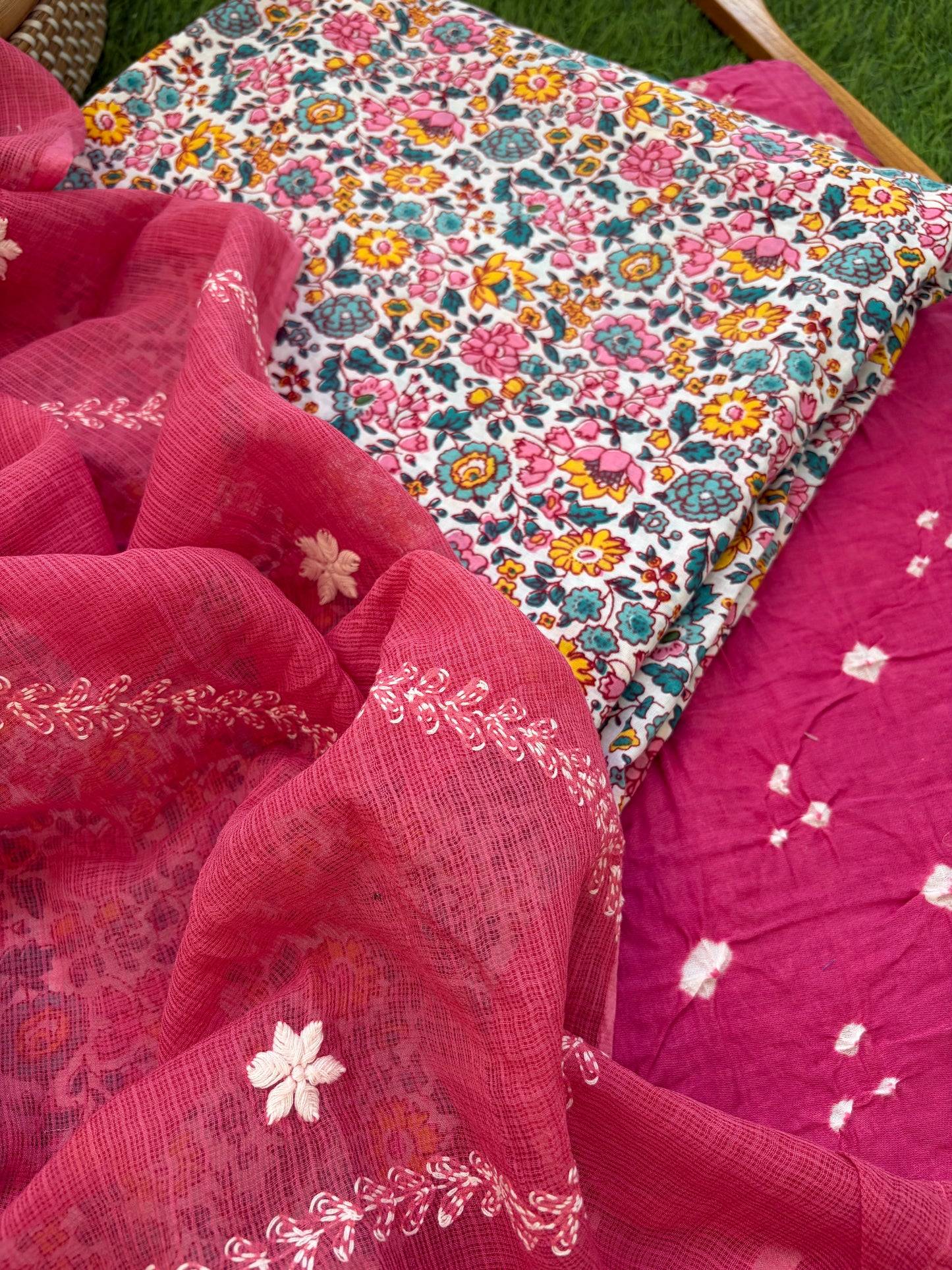 Cotton kurta bandhani bottom Kota Doria chikankari dupatta