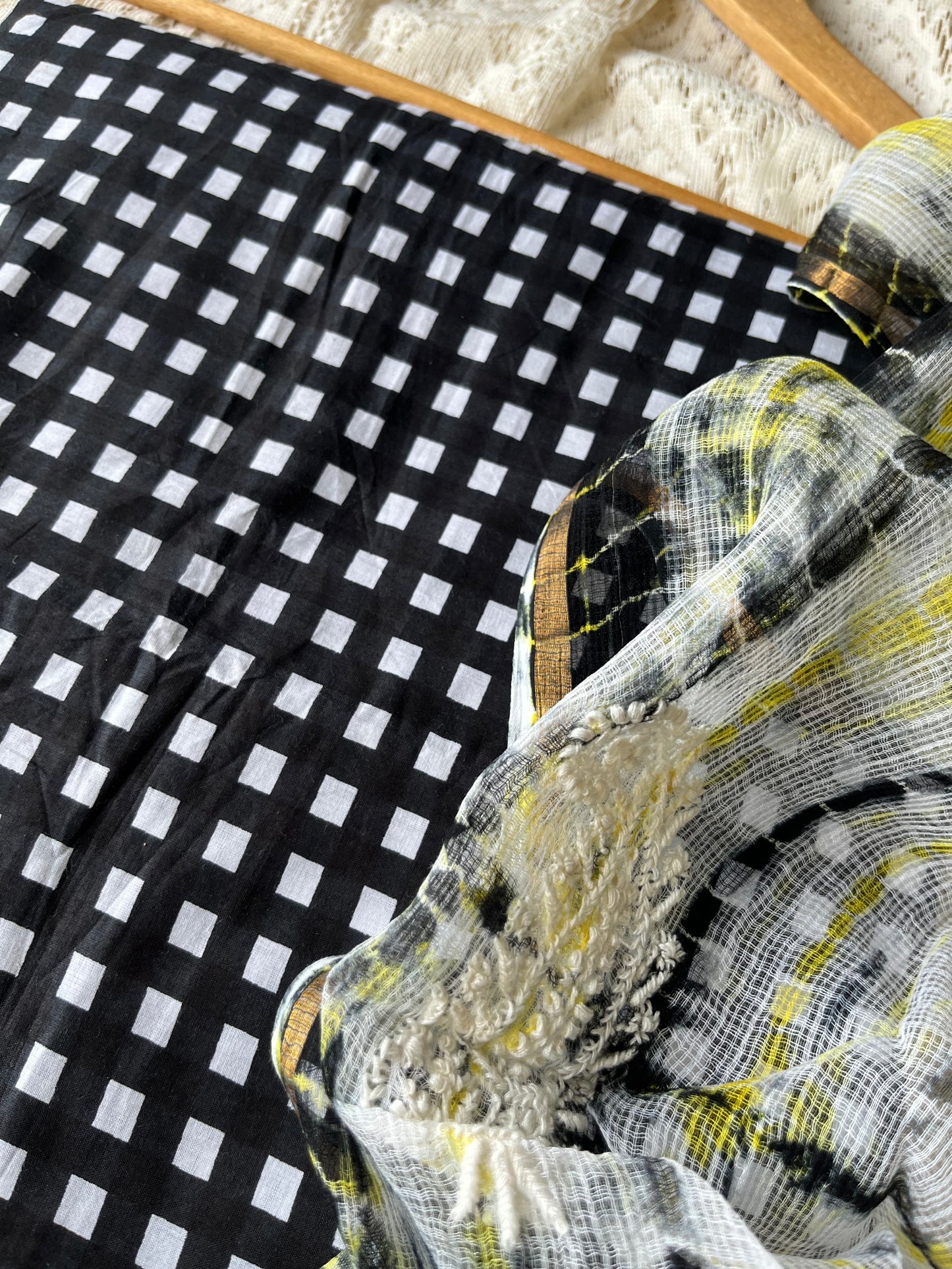 Cotton check kurta bottom fabric kota doria chikan work dupatta