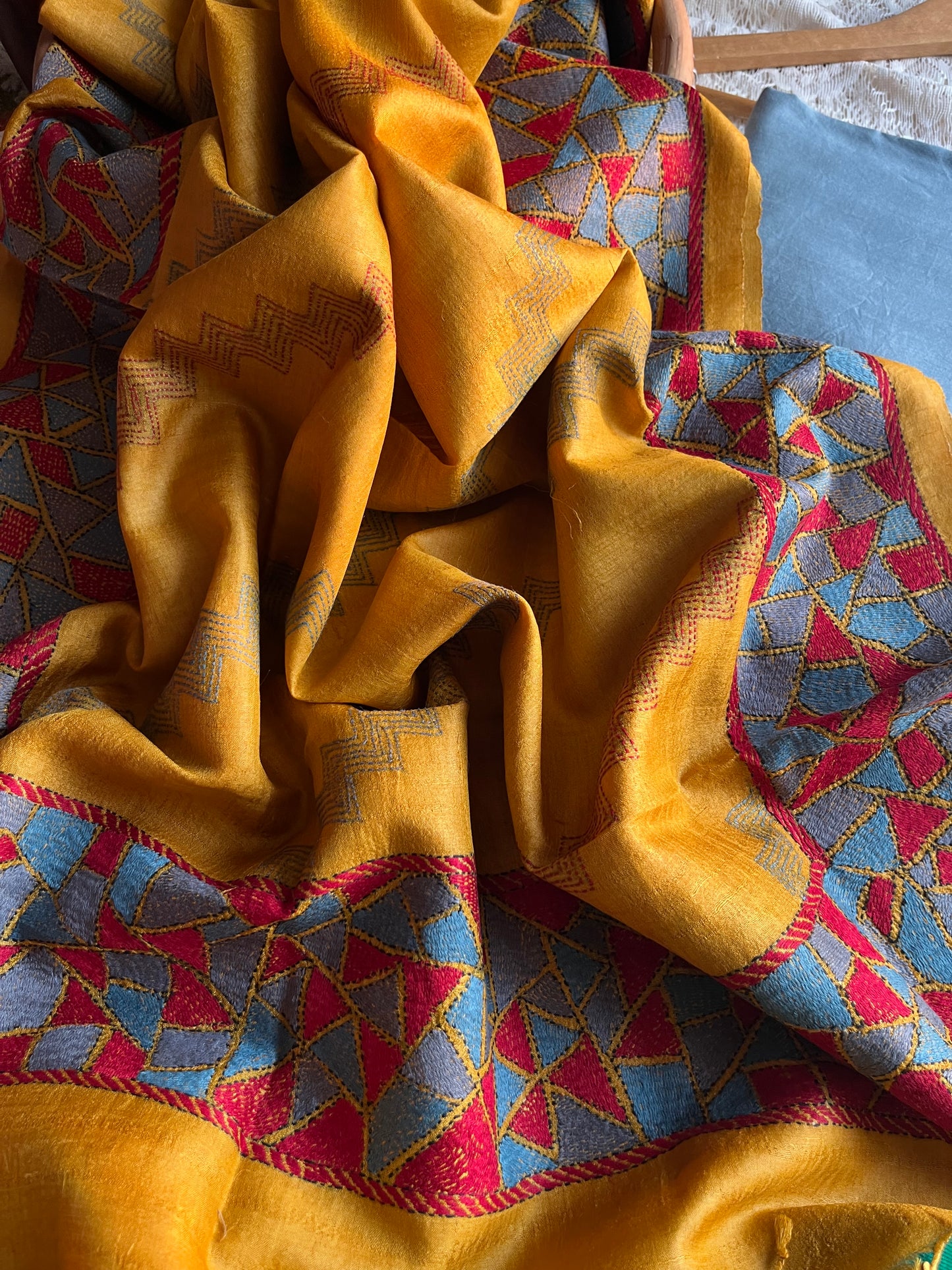 Silk Kantha Dupatta with chanderi silk kurta Bottom fabric