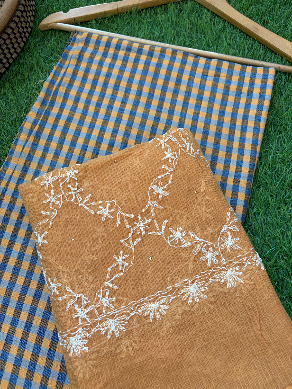 Khadi cotton check kurta fabric kota dupatta