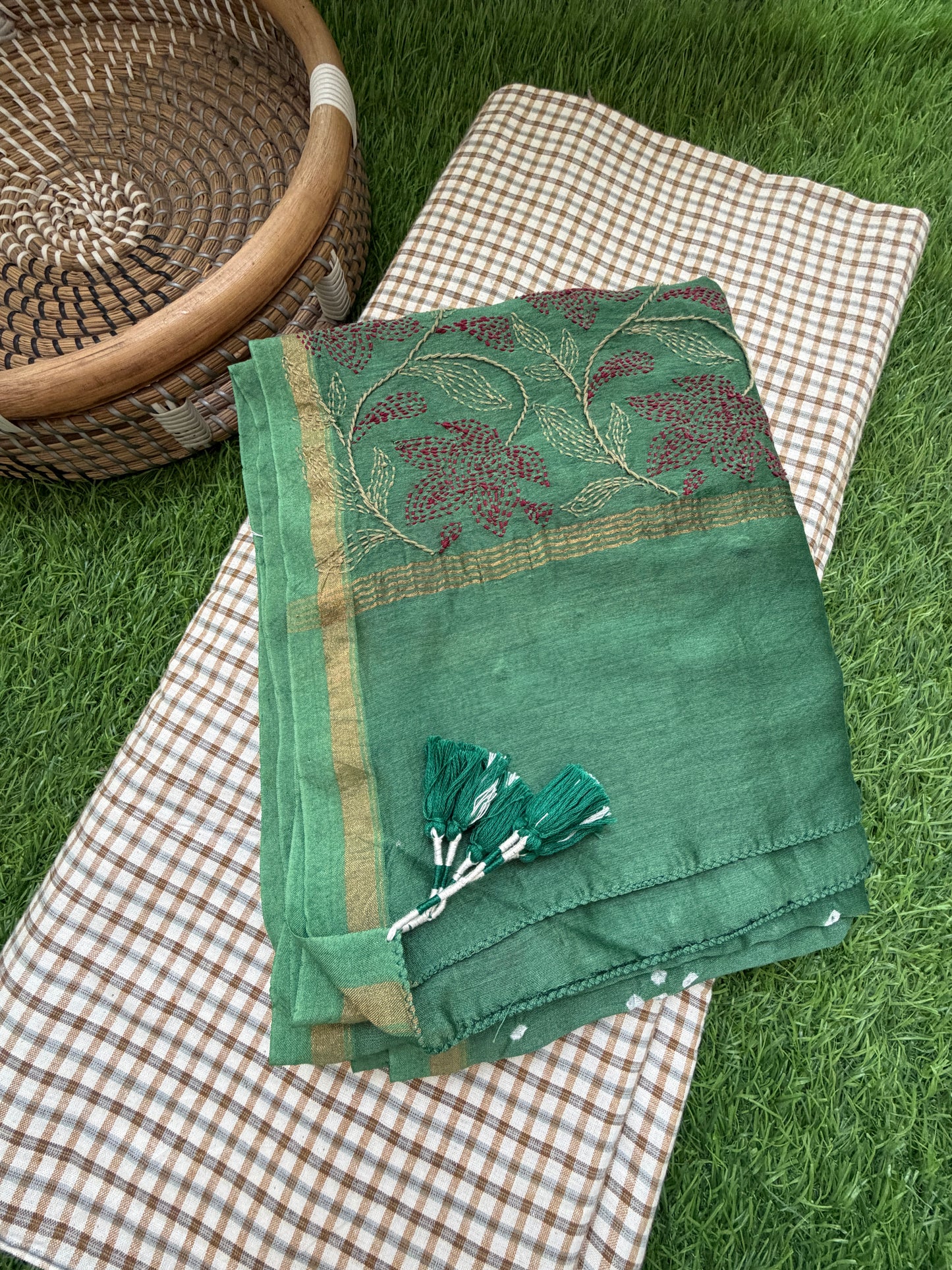 Khadi check kurta bottom pure chanderi bandhani chikankari dupatta