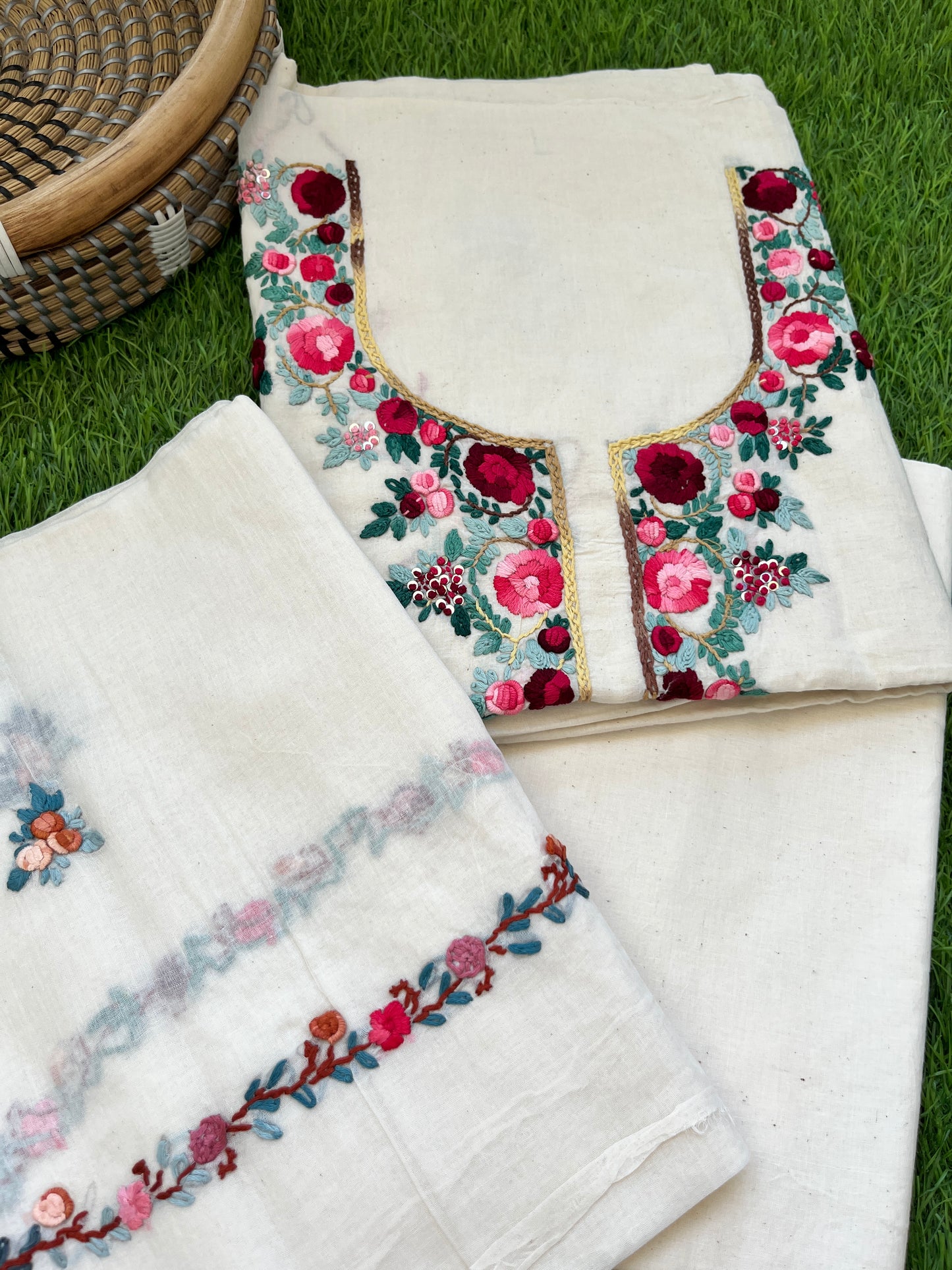 Handwoven Cotton knot work embroidered kurta dupatta and plain bottom fabric