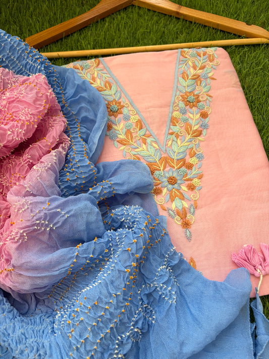 Hand embroidered chanderi kurta chanderi chinon bandhani dupatta