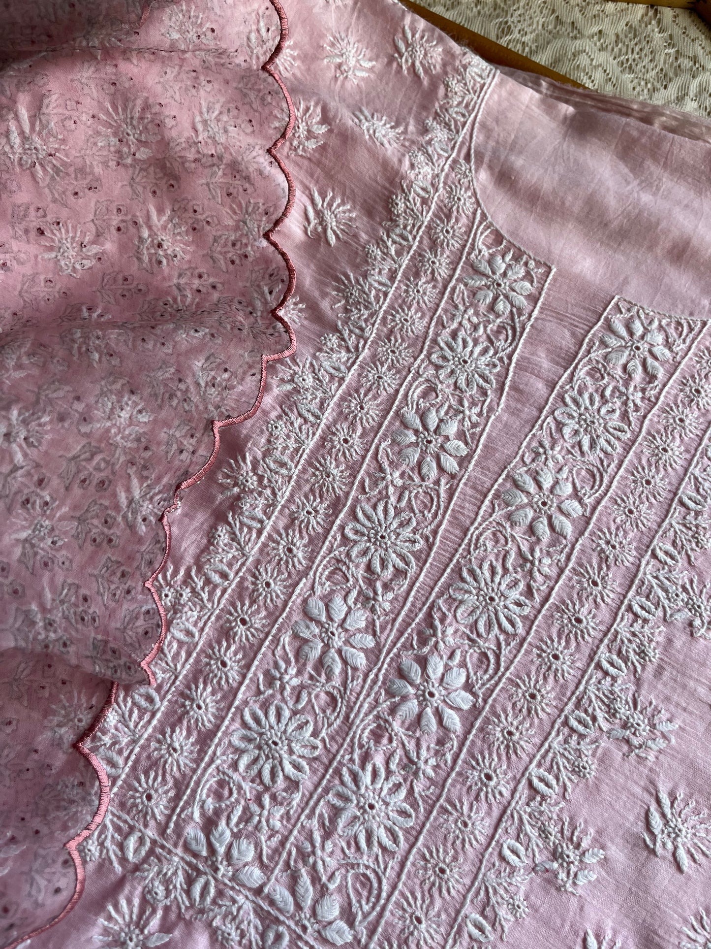 Chanderi Chikankari kurta with organza dupatta