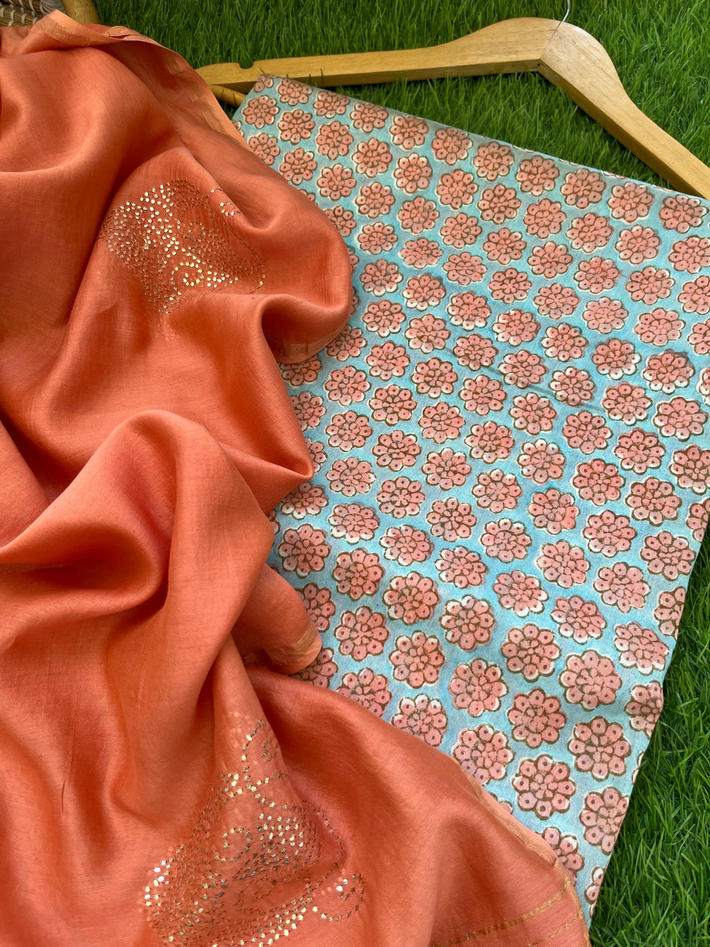 Chanderi Mukaish work Dupatta block print chanderi kurta fabric