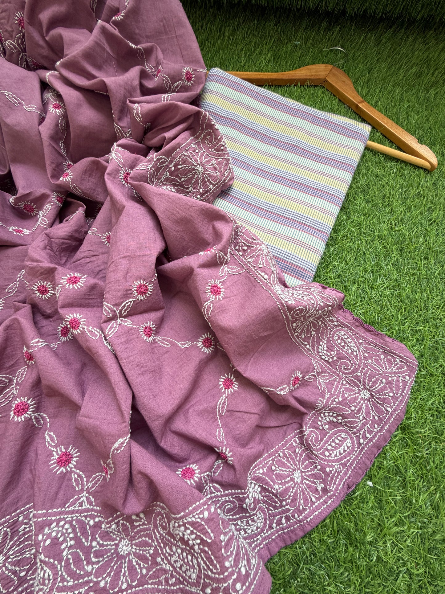 Khadi check kurta mul cotton chikankari dupatta