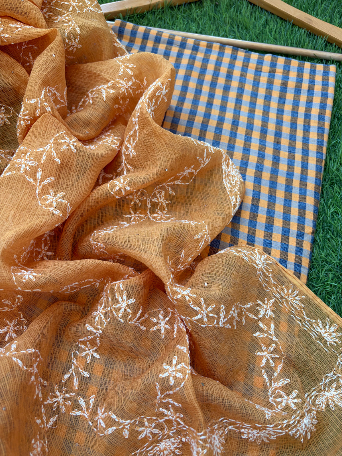 Khadi cotton check kurta fabric kota dupatta