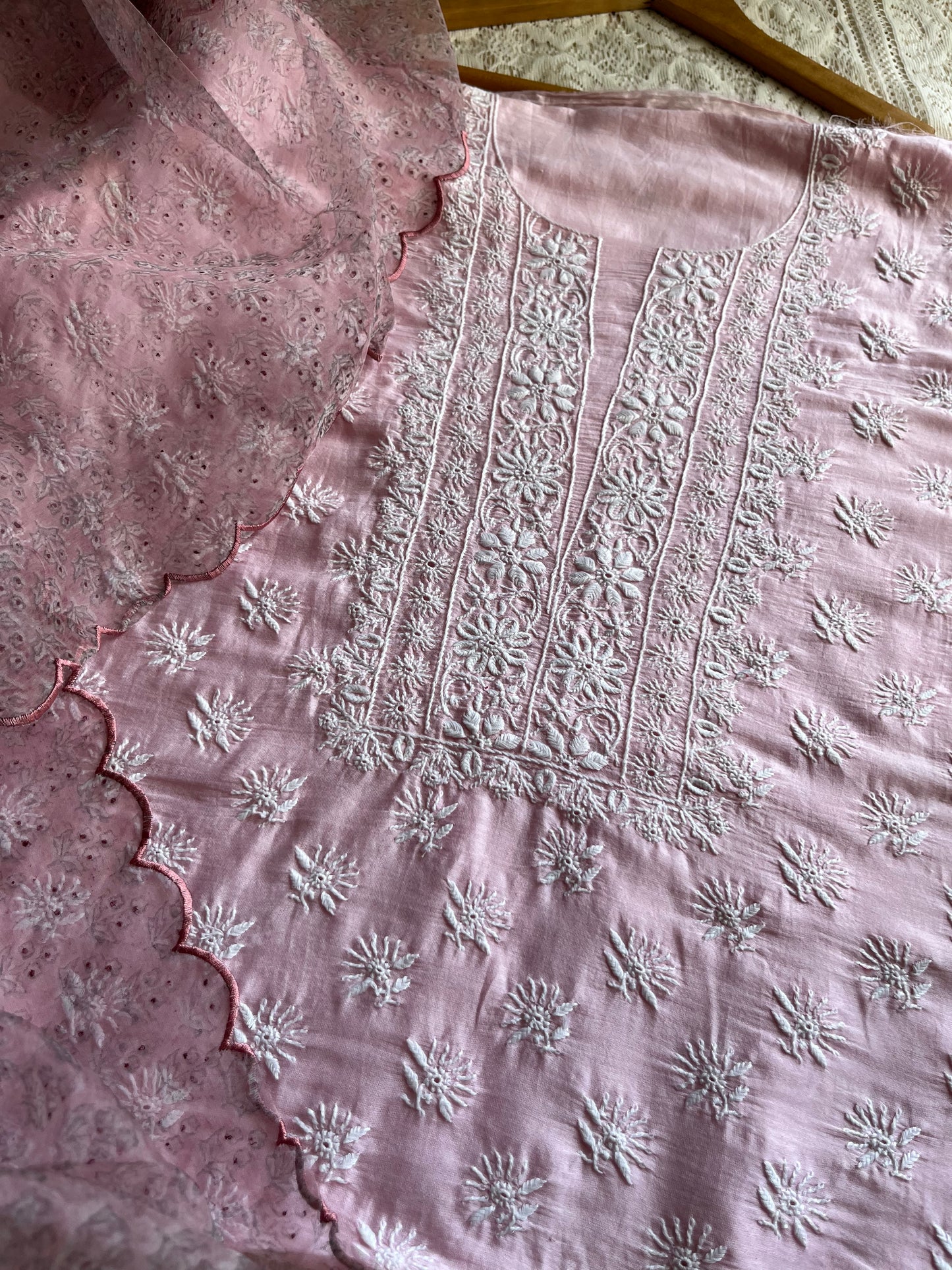 Chanderi Chikankari kurta with organza dupatta